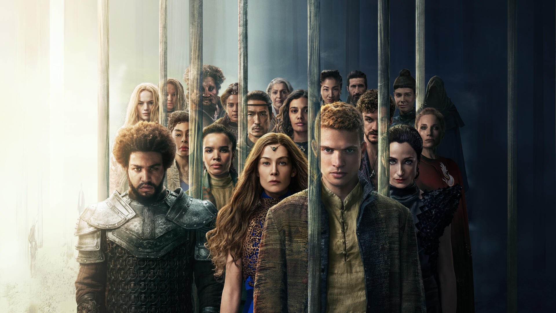 4K Ultra HD PC desktop wallpaper of The Wheel of Time: ensemble cast arrayed behind vertical bars, dramatic lighting and an epic fantasy atmosphere.