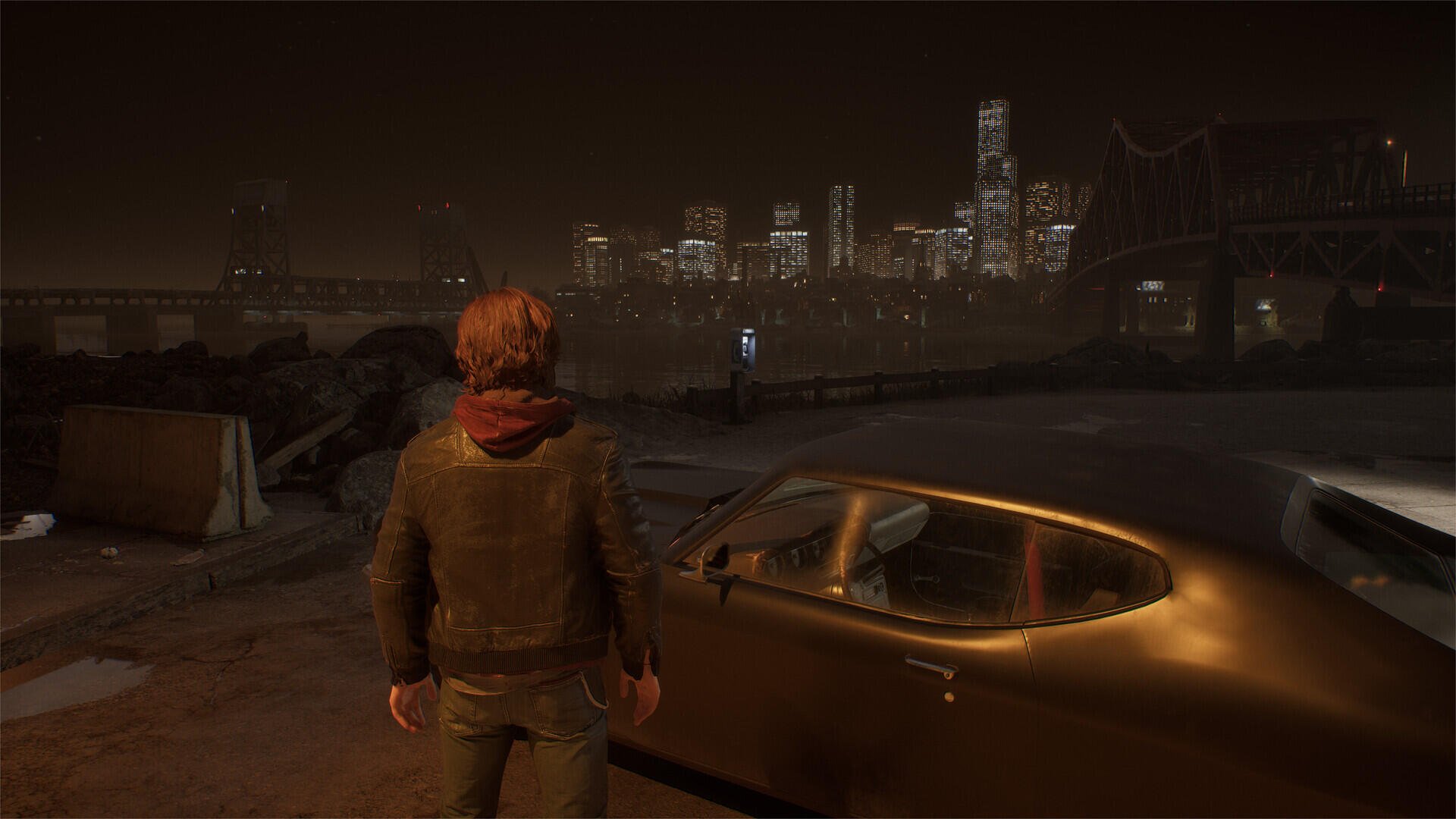 HD PC wallpaper from the video game Samson (2026): a lone figure stands by a parked car on a foggy coastal road, the city skyline glowing across the water at night.