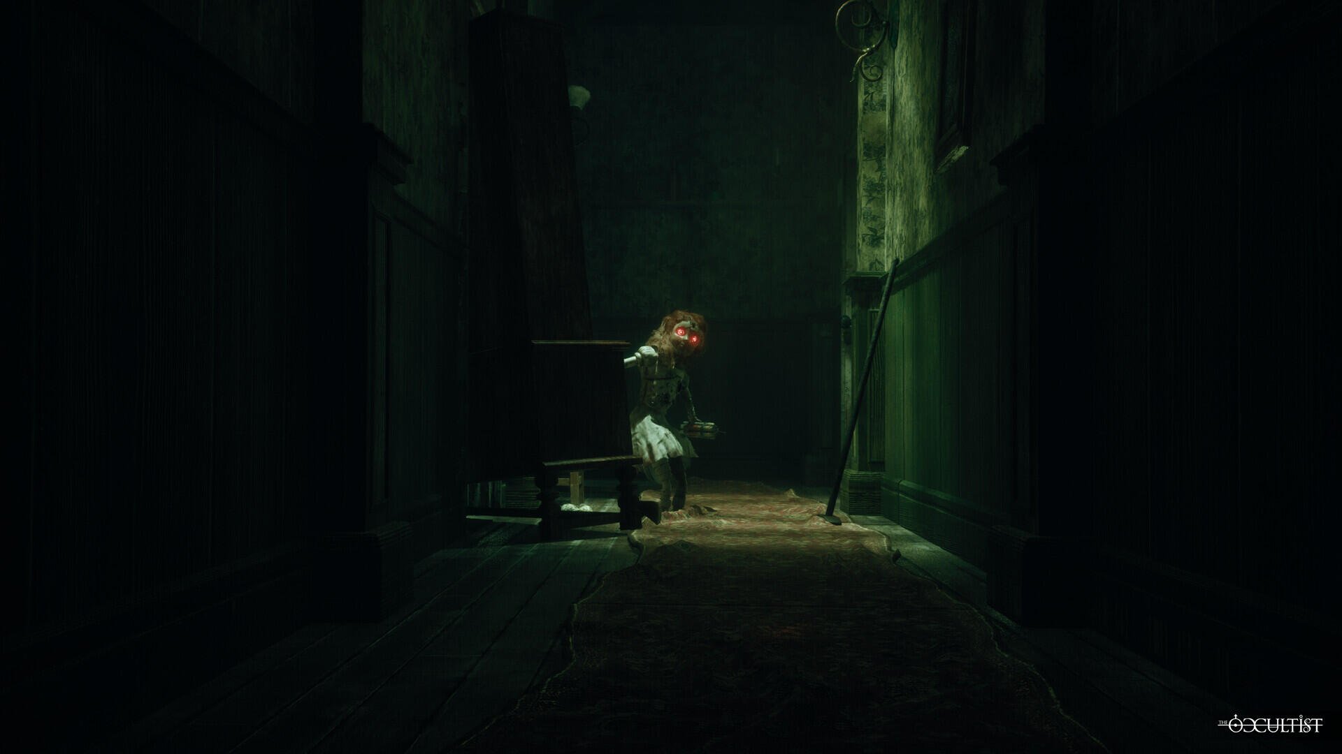 HD PC desktop wallpaper for horror game The Occultist: a lone occultist kneels in a dim green corridor, a faint ritual glow casting long, eerie shadows.