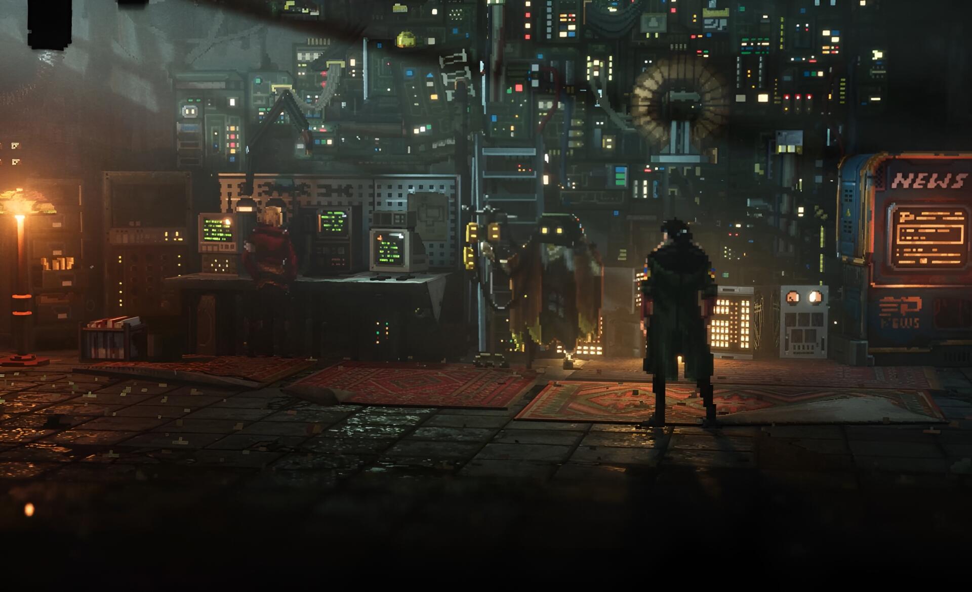 2K Quad HD PC desktop wallpaper: video game-inspired pixel art cityscape titled Replaced, lone figure on a neon, rain-soaked street beneath a towering cybernetic skyline.