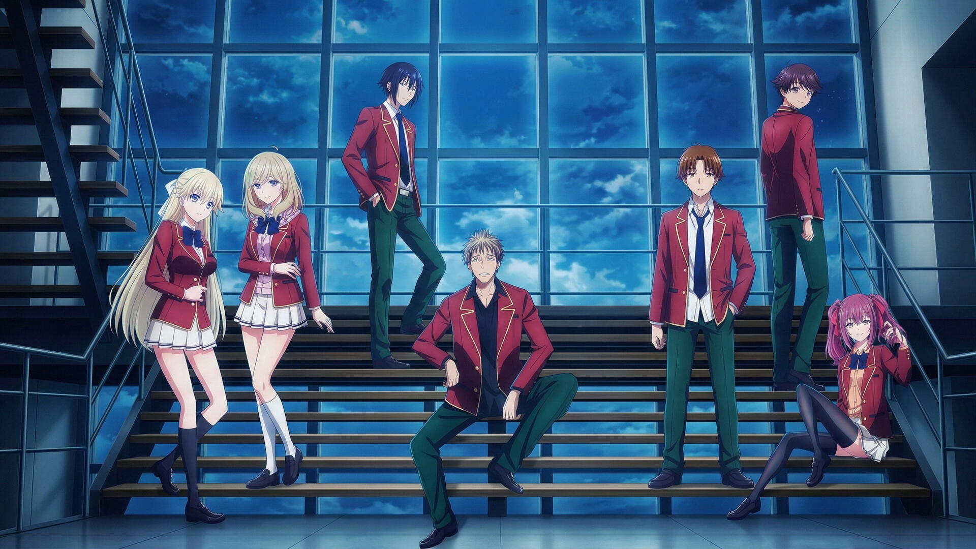 Classroom of the Elite 2K Quad HD PC desktop wallpaper and background: seven students in red uniforms posed on a stairwell before a large nighttime glass wall.