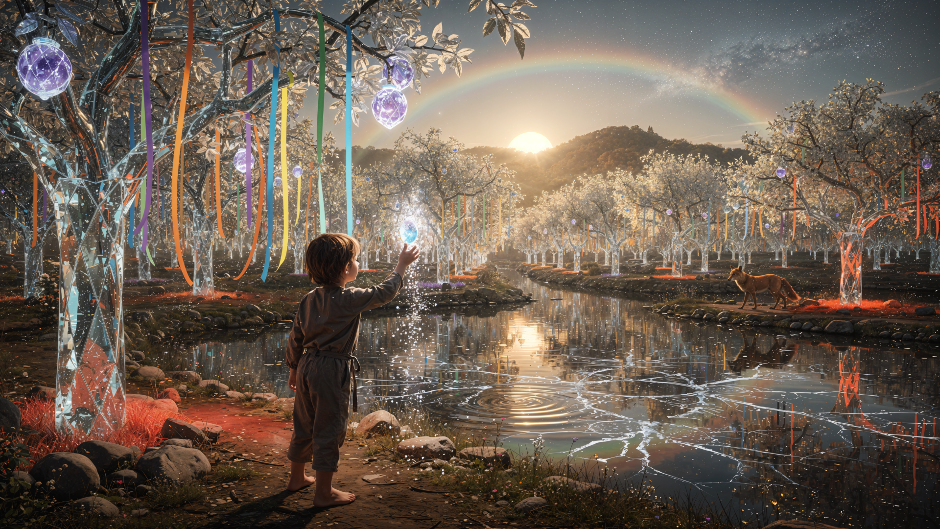 4K Ultra HD PC Desktop Wallpaper and Background: child reaches toward a shimmering light spectrum above a reflective pond in an enchanted forest at sunrise, trees and ribbons glowing.