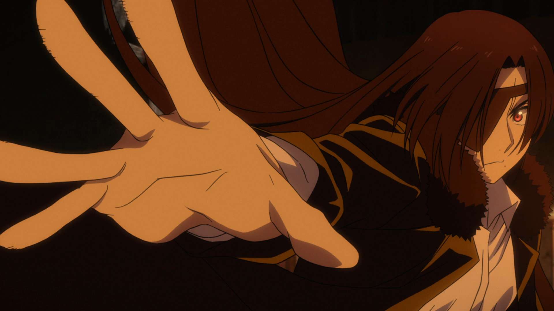 HD PC desktop wallpaper of Asa from Daemons of the Shadow Realm: anime close-up of Asa reaching forward, hair flowing and determined expression against a dark background.