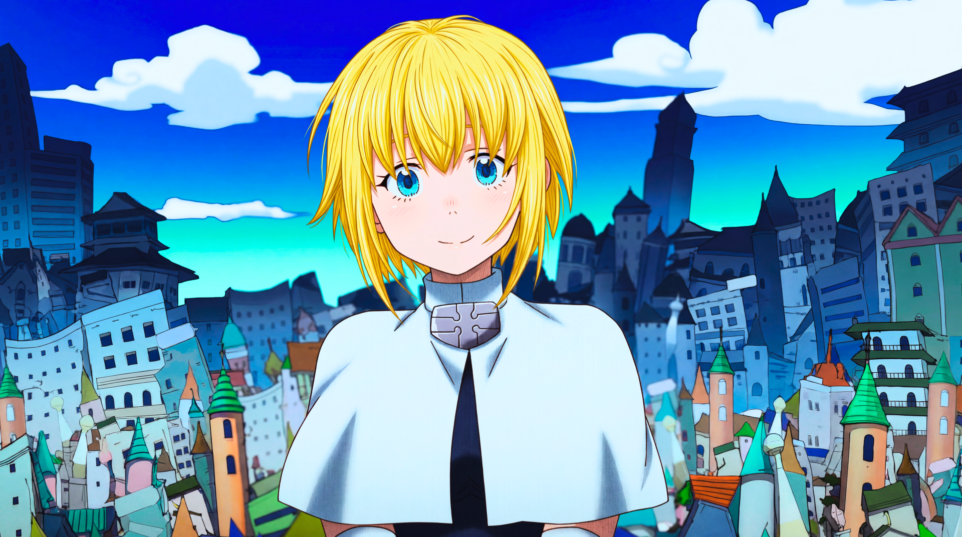 Iris (Fire Force), a blonde anime priest girl, smiles before a vibrant city and blue sky — 5K Ultra HD PC desktop wallpaper/background.