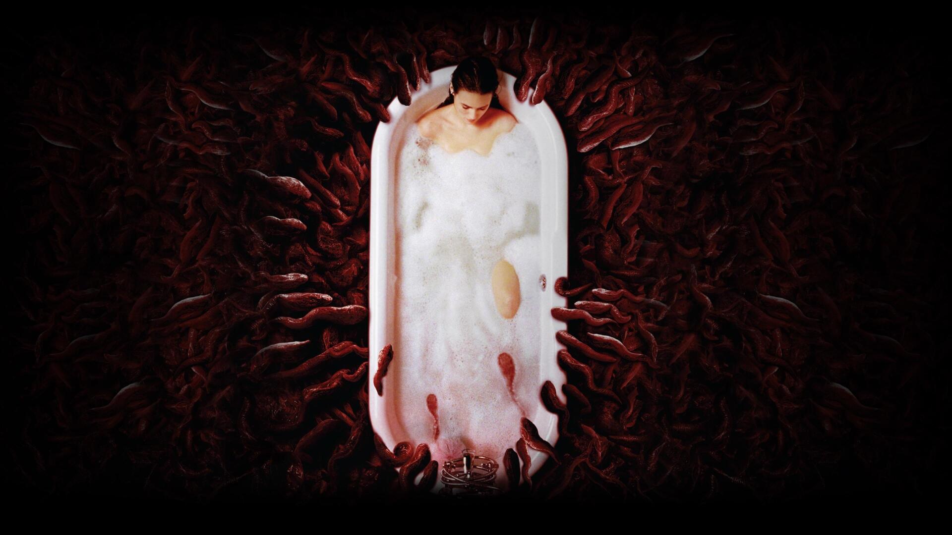 Slither — 4K Ultra HD PC desktop wallpaper: pale figure in a white bathtub encircled by writhing red, worm-like creatures set against a dark, textured background.