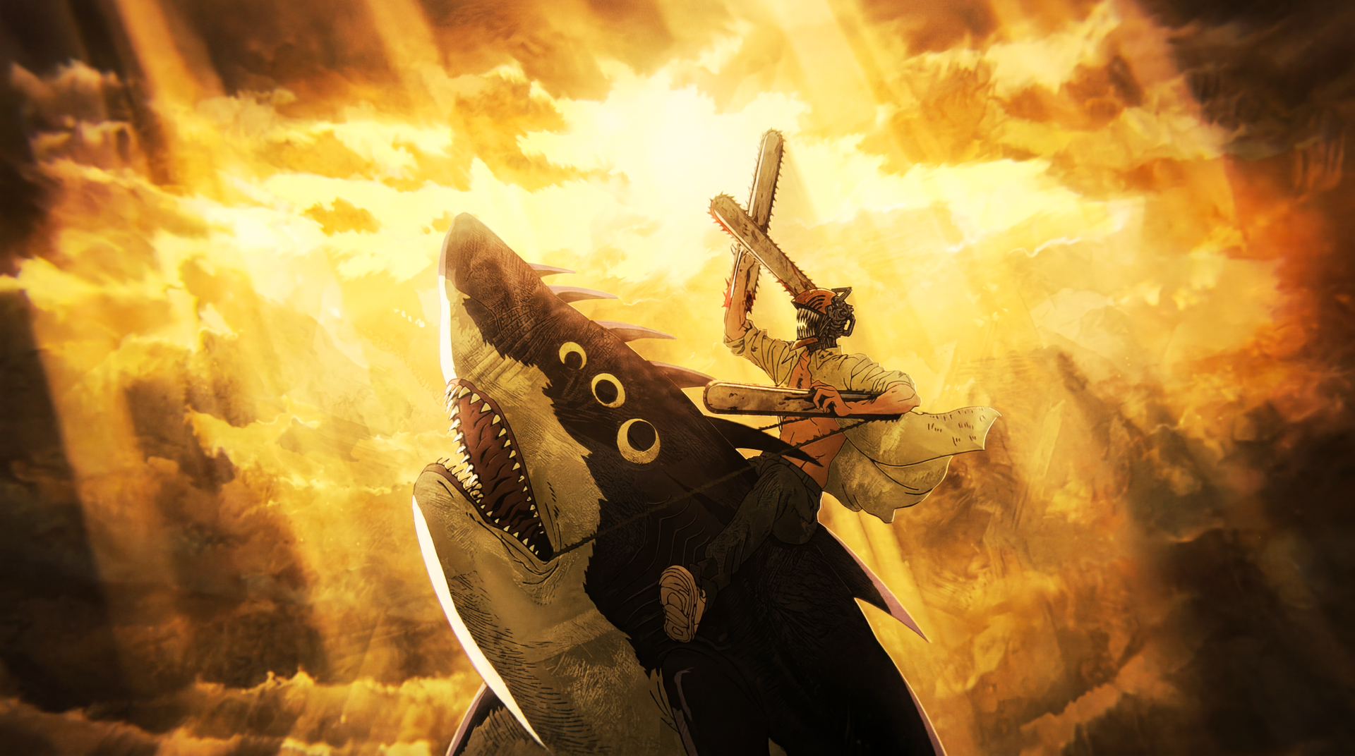 Chainsaw Man anime 5K Ultra HD PC desktop background: Denji riding Beam, chainsaw roaring as they soar through a blazing golden sky.