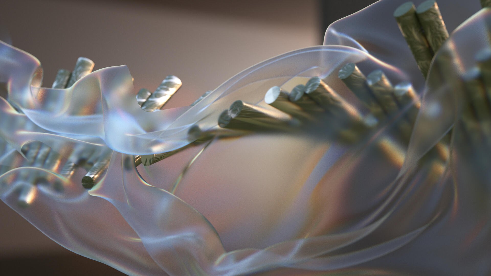 3D futuristic abstract 4K Ultra HD desktop wallpaper: translucent ribbon forms weave around a metallic, textured spine-like structure against a soft bokeh background.