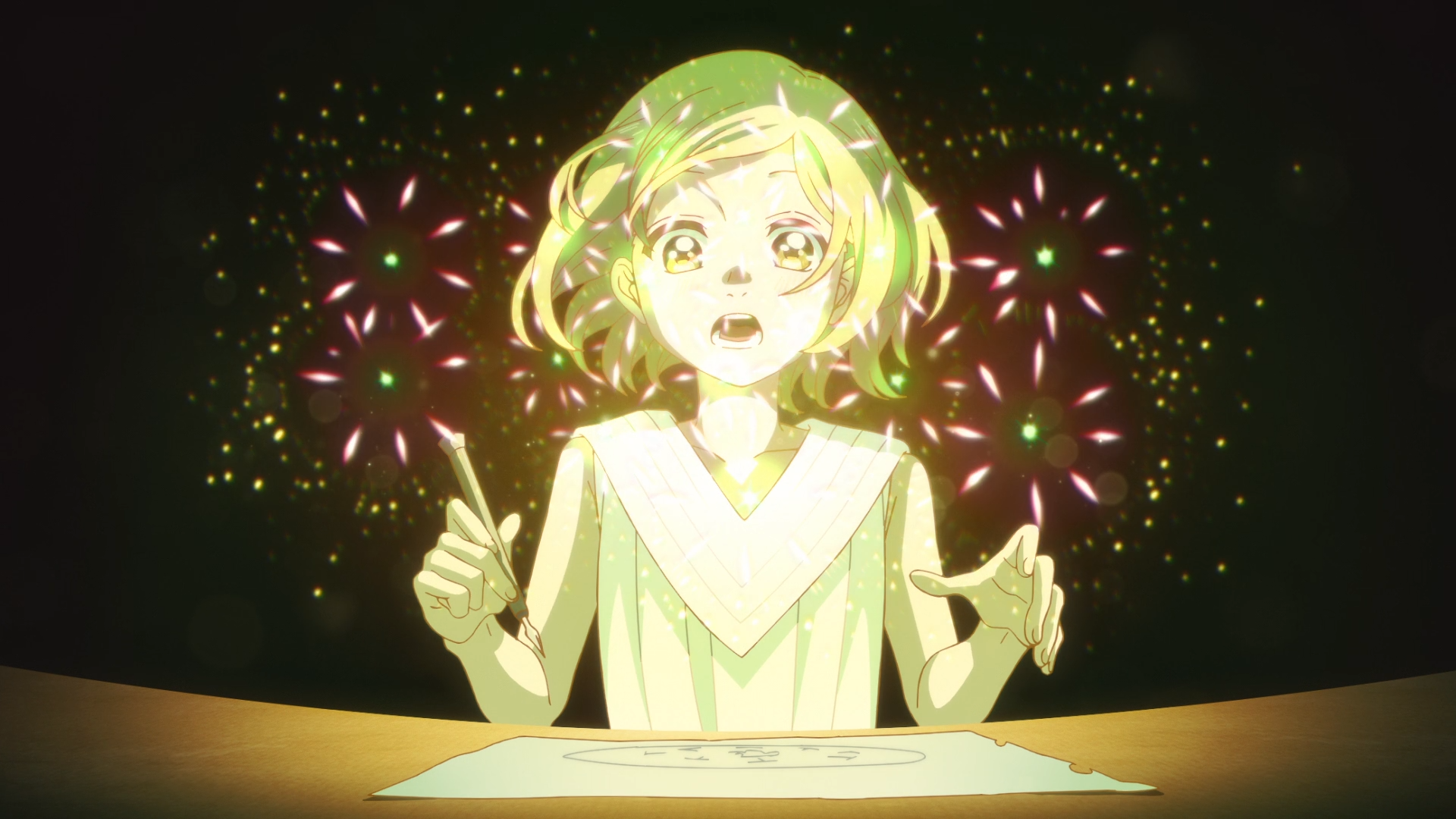 HD PC desktop wallpaper of Coco (Witch Hat Atelier), anime-style, wide-eyed with a wand as colorful magical sparks and fireworks burst behind her.