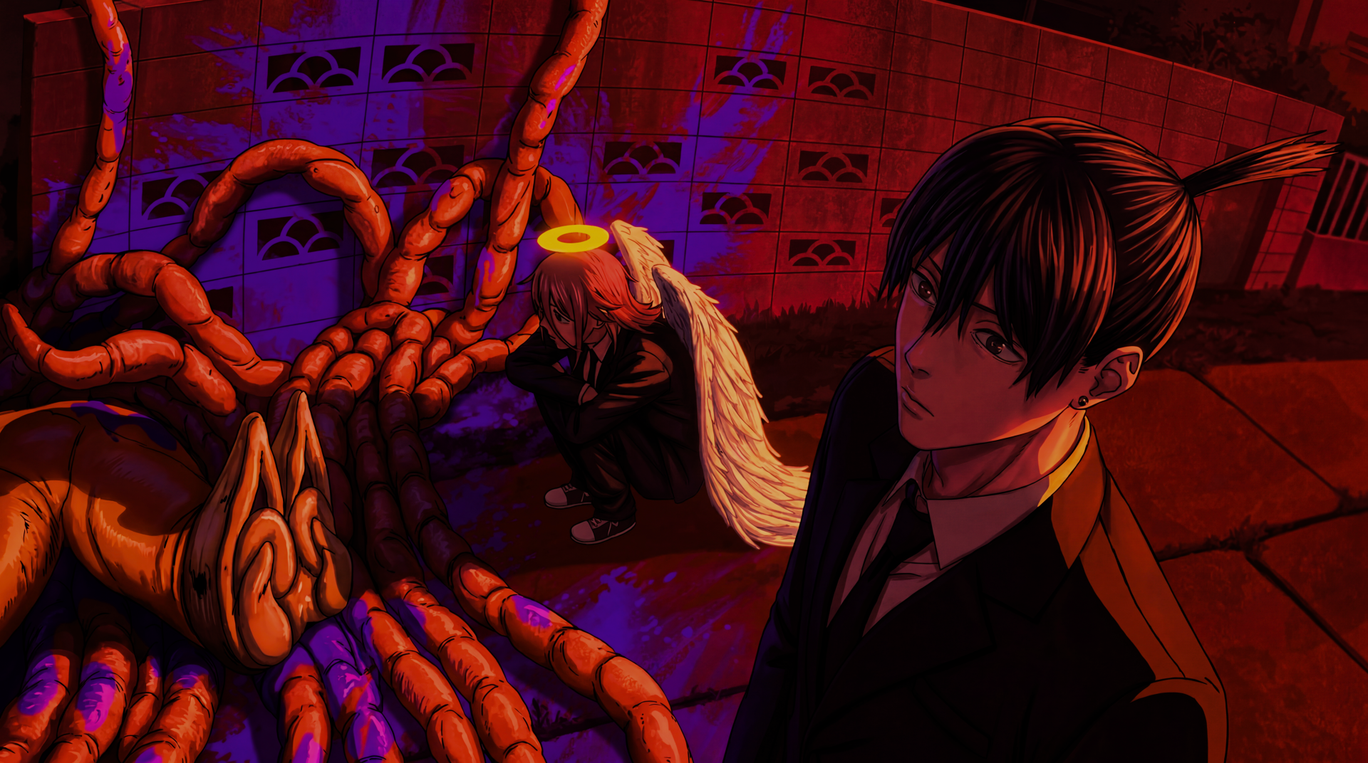 Chainsaw Man anime 5K Ultra HD PC desktop wallpaper: Aki Hayakawa in a suit stands beside Angel Devil (halo, wings) amid glowing red-purplish demonic tentacles.