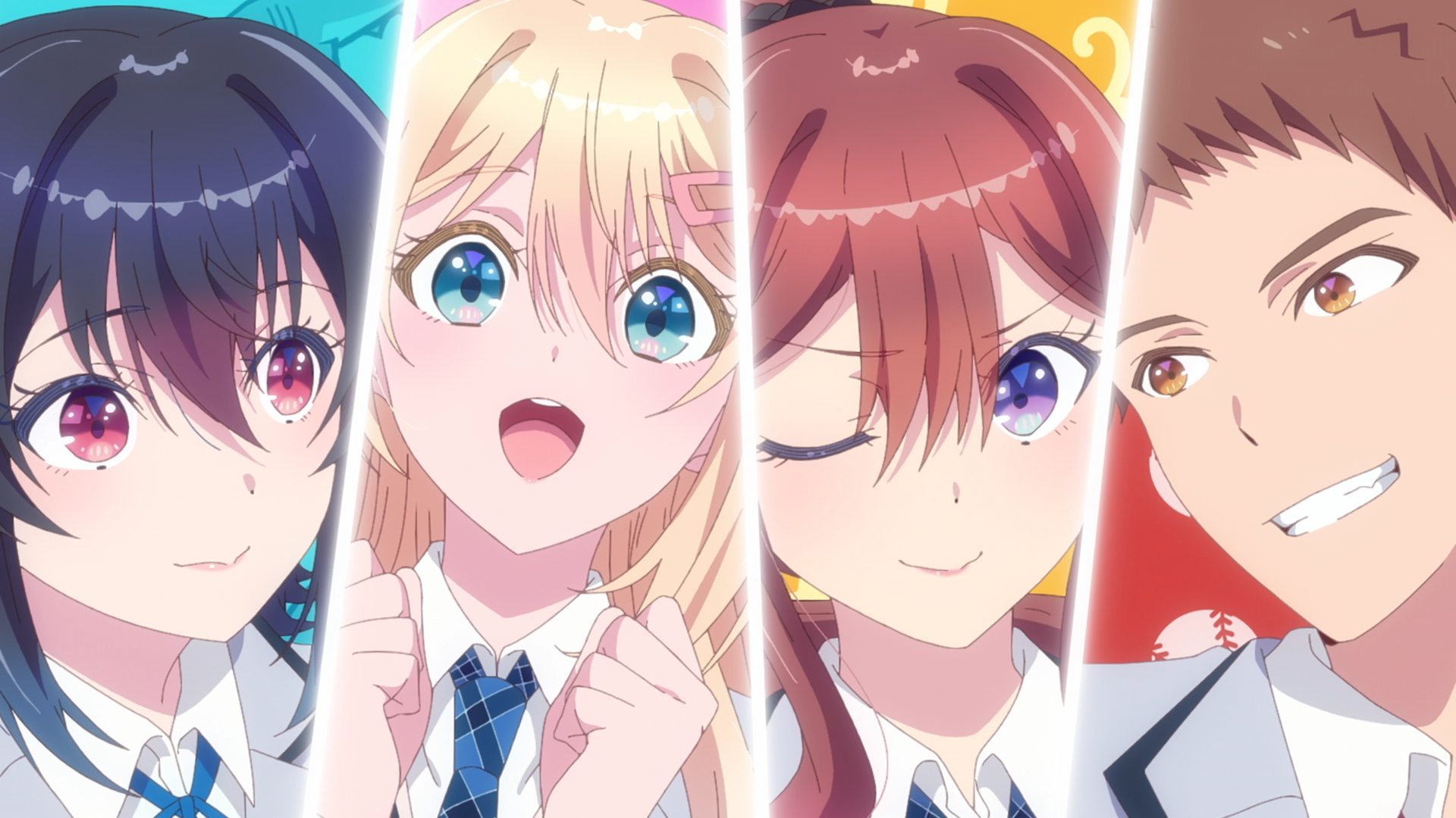 Anime HD PC desktop wallpaper of I Made Friends with the Second Prettiest Girl in My Class: four smiling classmates in school uniforms framed by diagonal panels.