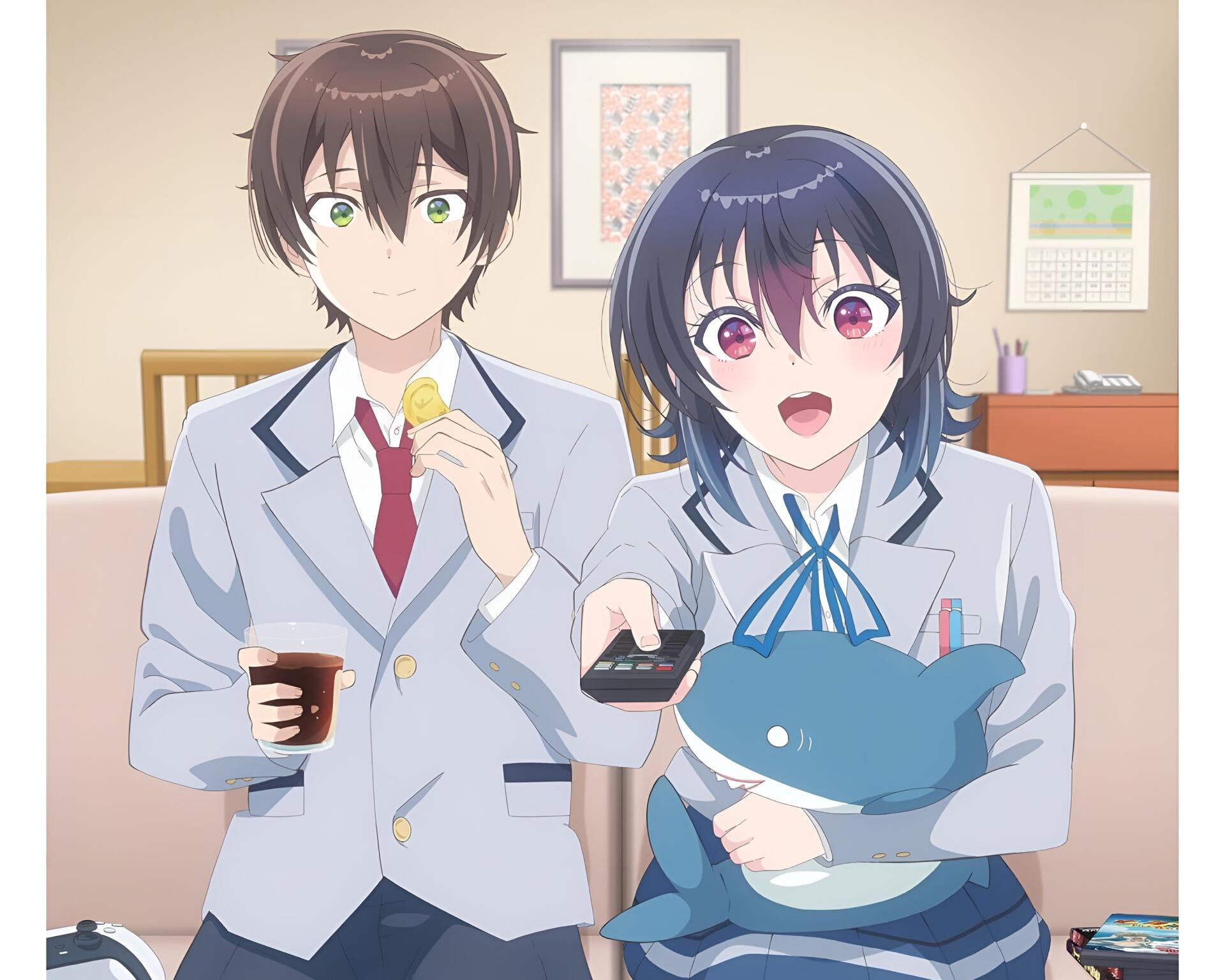 2K Quad HD PC wallpaper from the anime I Made Friends with the Second Prettiest Girl in My Class — Maki Maehara and Umi Asanagi in school uniforms; she hugs a shark plush, he holds a drink and cookie.