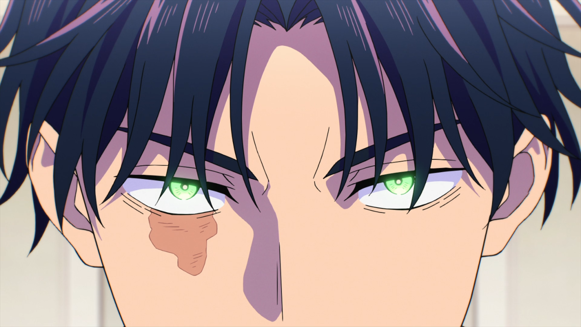 HD PC desktop wallpaper: close-up anime portrait of Hikaru Gero (Marriagetoxin) — dark hair, intense green eyes and a small cheek birthmark.
