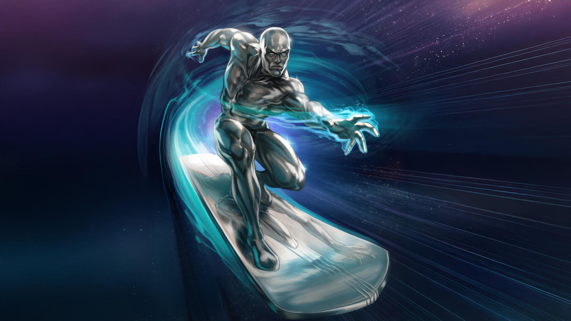 5K Ultra HD comic fan art of Silver Surfer racing on his surfboard through cosmic light trails — high-detail PC desktop wallpaper and background.