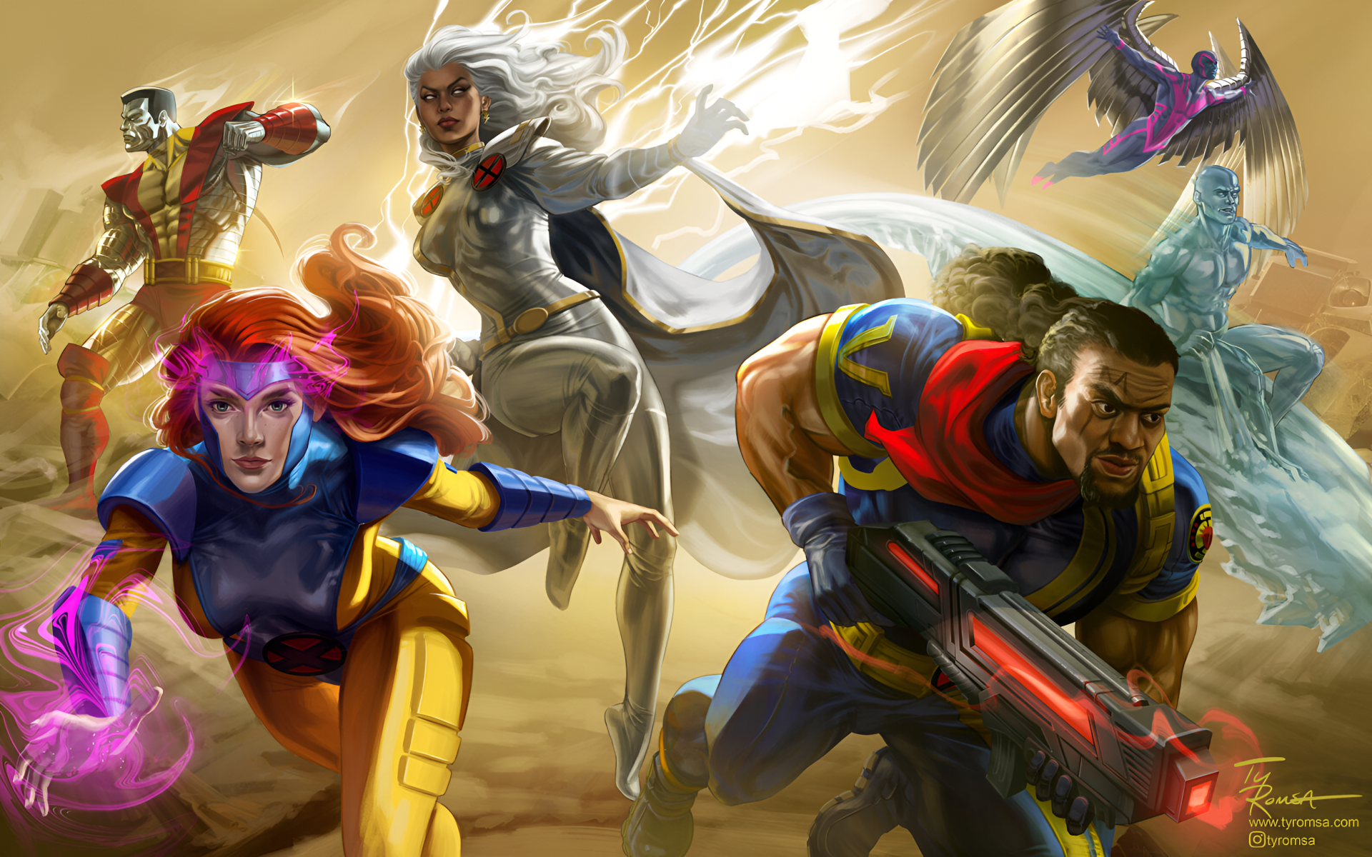 2K Quad HD PC desktop wallpaper of X-Men (Marvel Comics) featuring Jean Grey, Storm and Bishop charging into battle amid lightning, psychic energy and dramatic action.