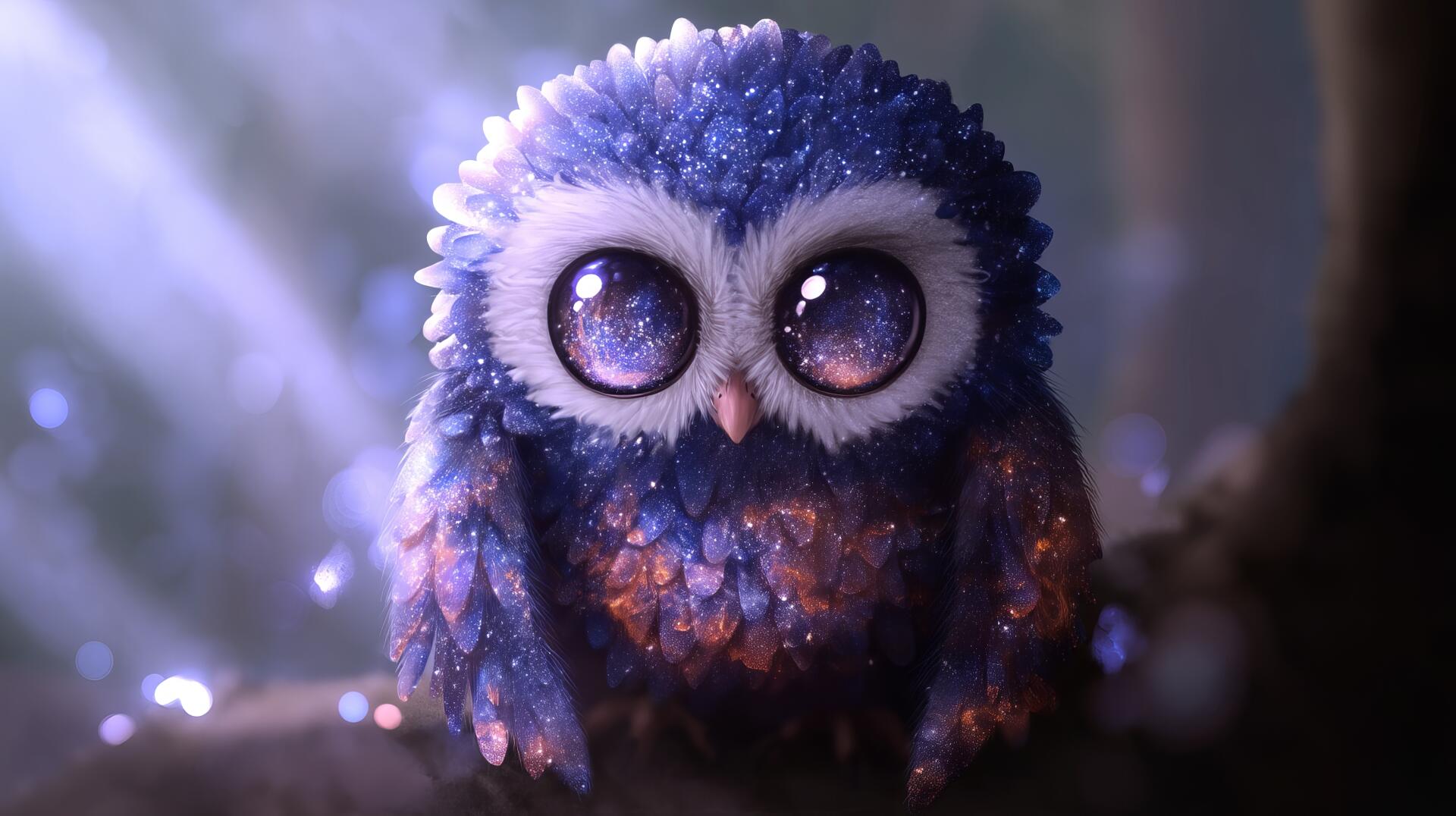 Cute galaxy-themed fantasy owl with sparkling star-filled eyes and iridescent feathers, rendered as 2K Quad HD PC desktop wallpaper and background.
