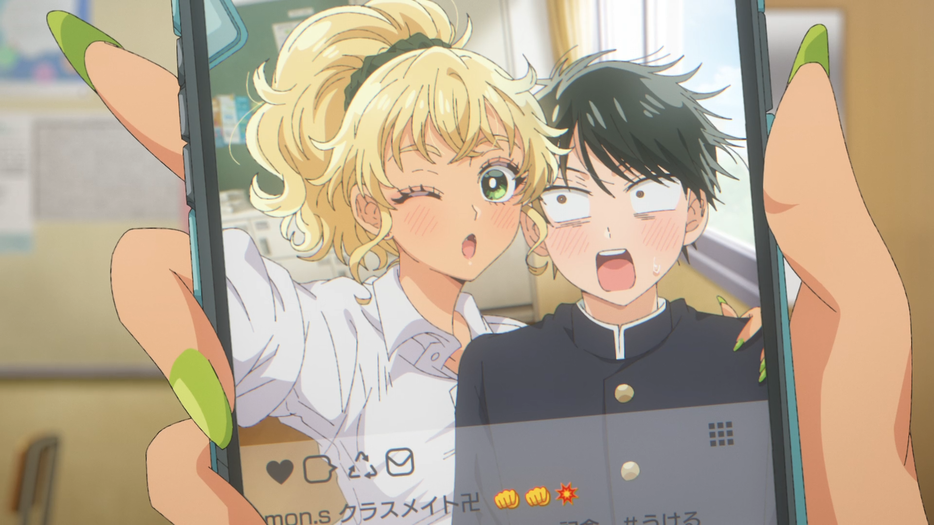 HD PC wallpaper: Kotoko Ijichi and Takuya Seo from anime Gals Can't Be Kind to Otaku!? taking a playful selfie on a phone, Kotoko winking beside a flustered Takuya.