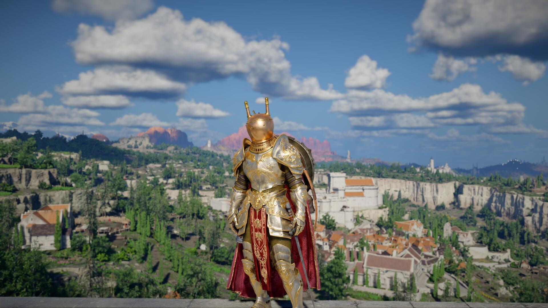 Crimson Desert video game warrior in ornate gold armor and red cloak overlooks a sunlit cityscape — 2K Quad HD PC desktop wallpaper/background.