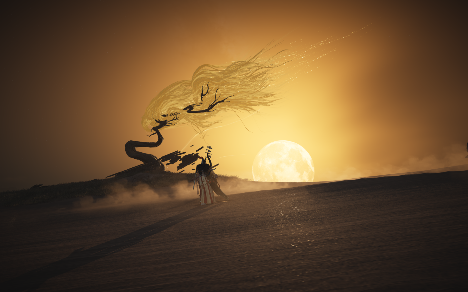 5K Ultra HD PC wallpaper for the video game Where Winds Meet: a windswept desert scene with a twisted tree and lone rider silhouetted against a low, glowing golden sun.