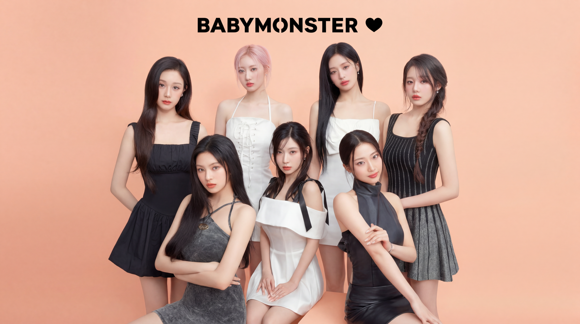 BABYMONSTER K-pop: seven members pose in black and white outfits on a peach backdrop — 5K Ultra HD PC desktop wallpaper and background.
