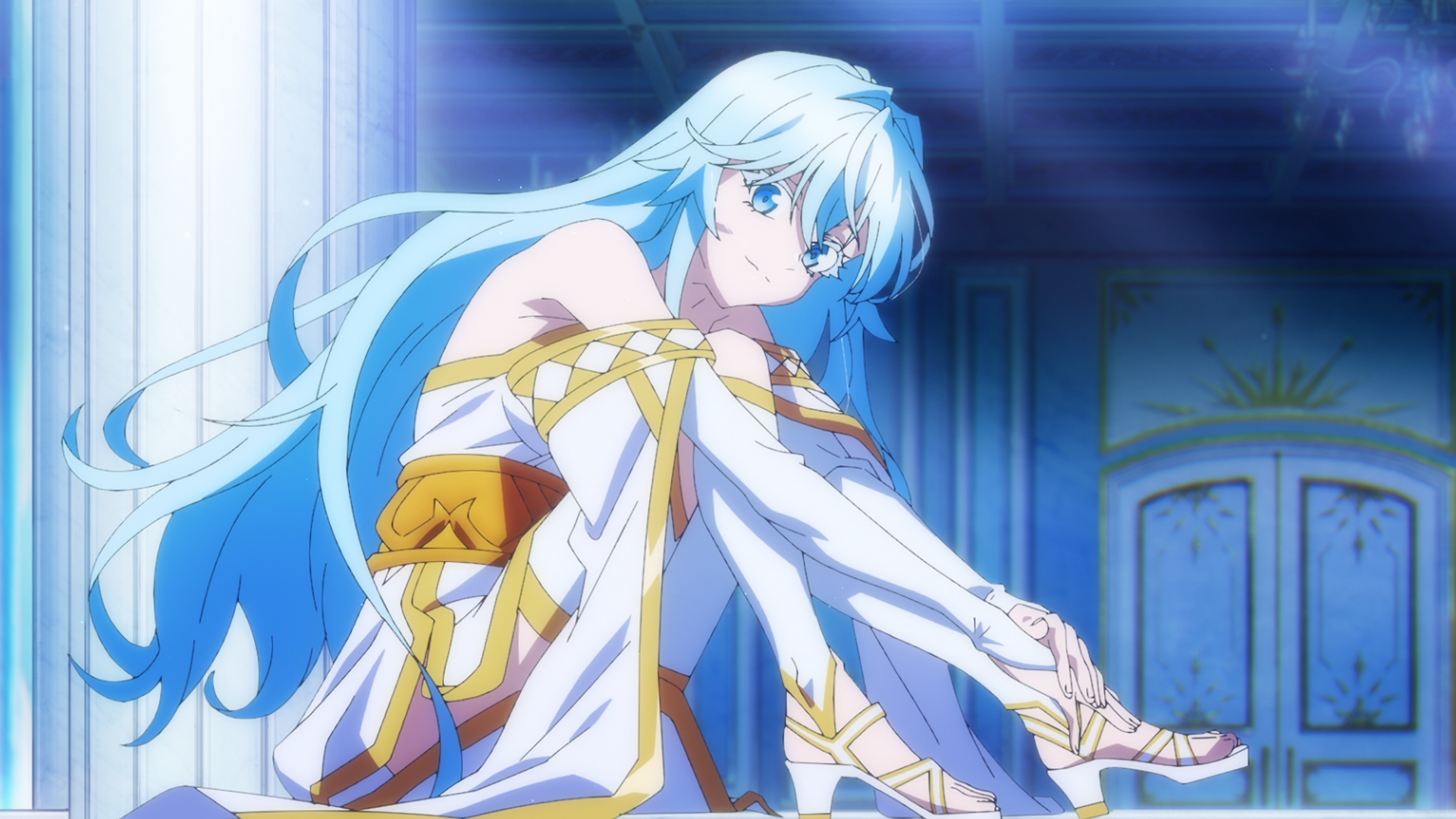 Anime HD PC wallpaper: Elfaria Albis Serfort from Wistoria: Wand and Sword — blue‑haired elf in white-and-gold attire seated in a glowing palace background.