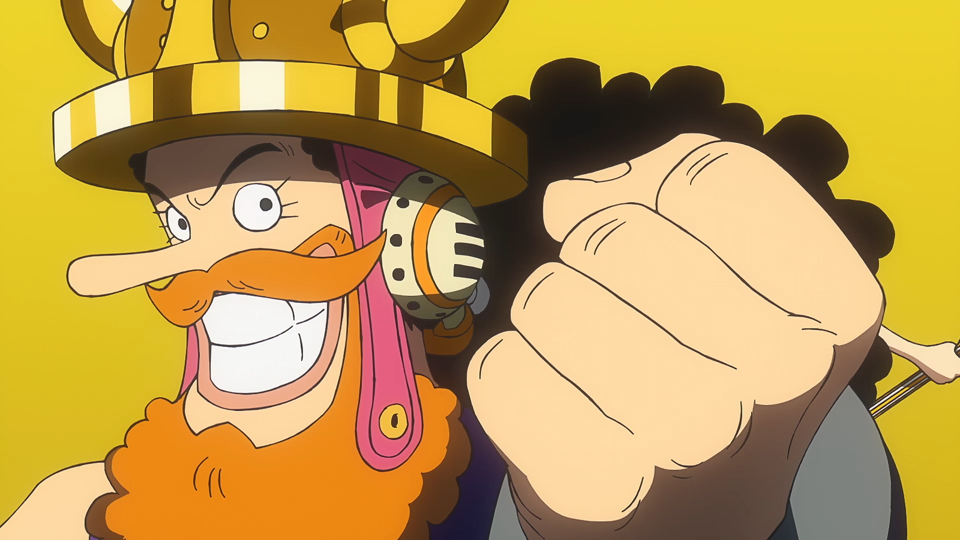 Anime One Piece desktop wallpaper: Usopp in a colorful helmet and orange beard, grinning and thrusting a fist toward the viewer on a vibrant yellow HD background.