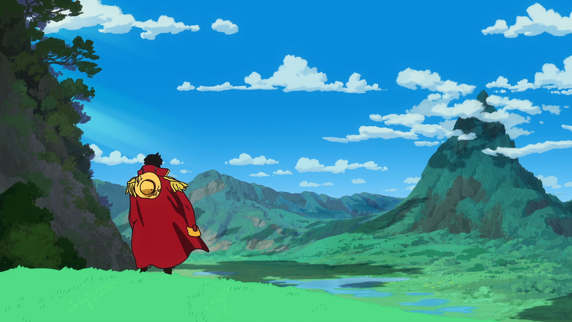 Anime One Piece — Gol D. Roger in a red coat stands on a grassy cliff, overlooking green valleys, mountains and a bright blue sky; HD PC desktop wallpaper background.