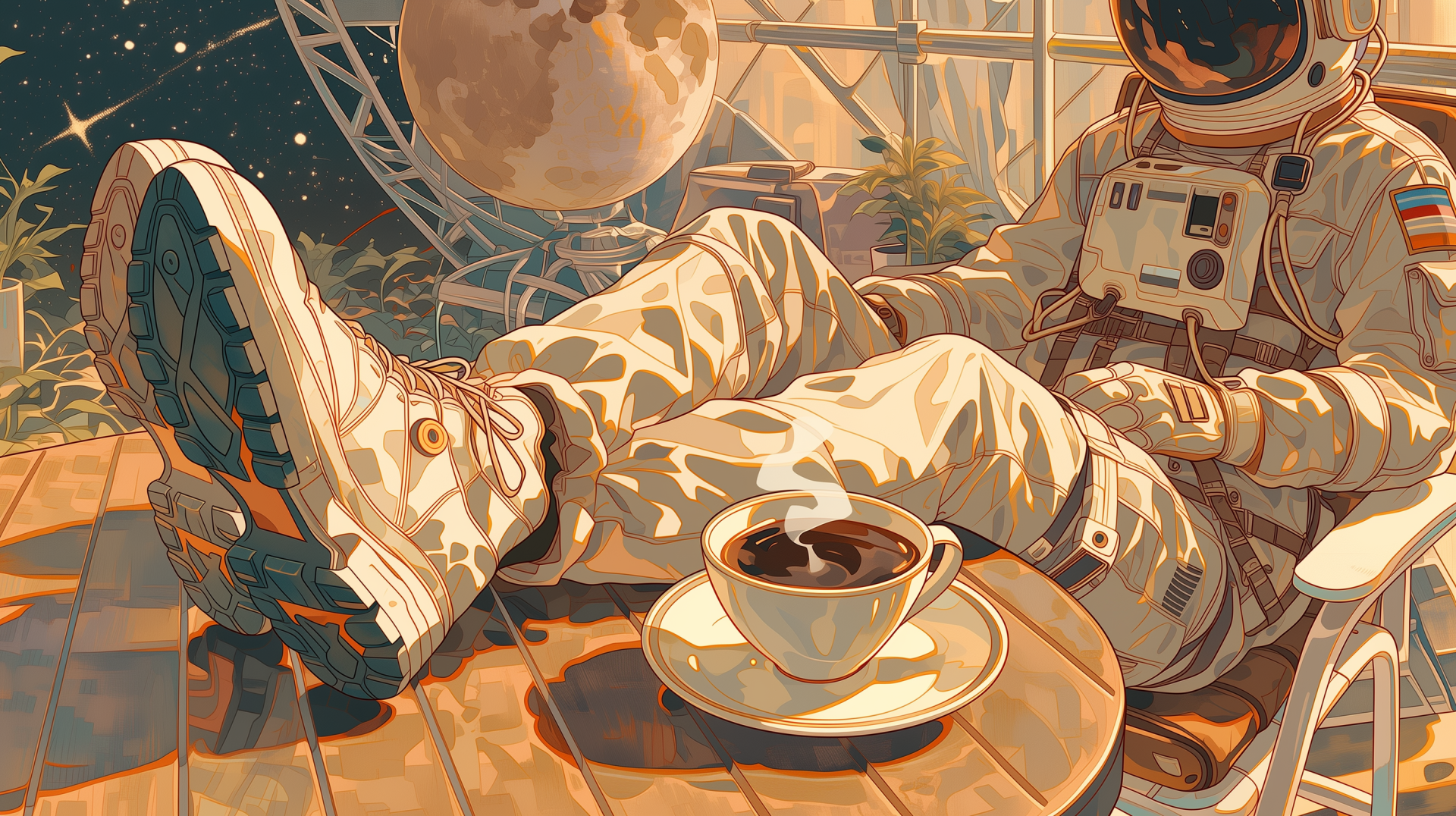 AI Art 2K Quad HD PC desktop wallpaper: a chill astronaut lounges with coffee on a sunlit balcony, warm golden vibe and planets in the background.