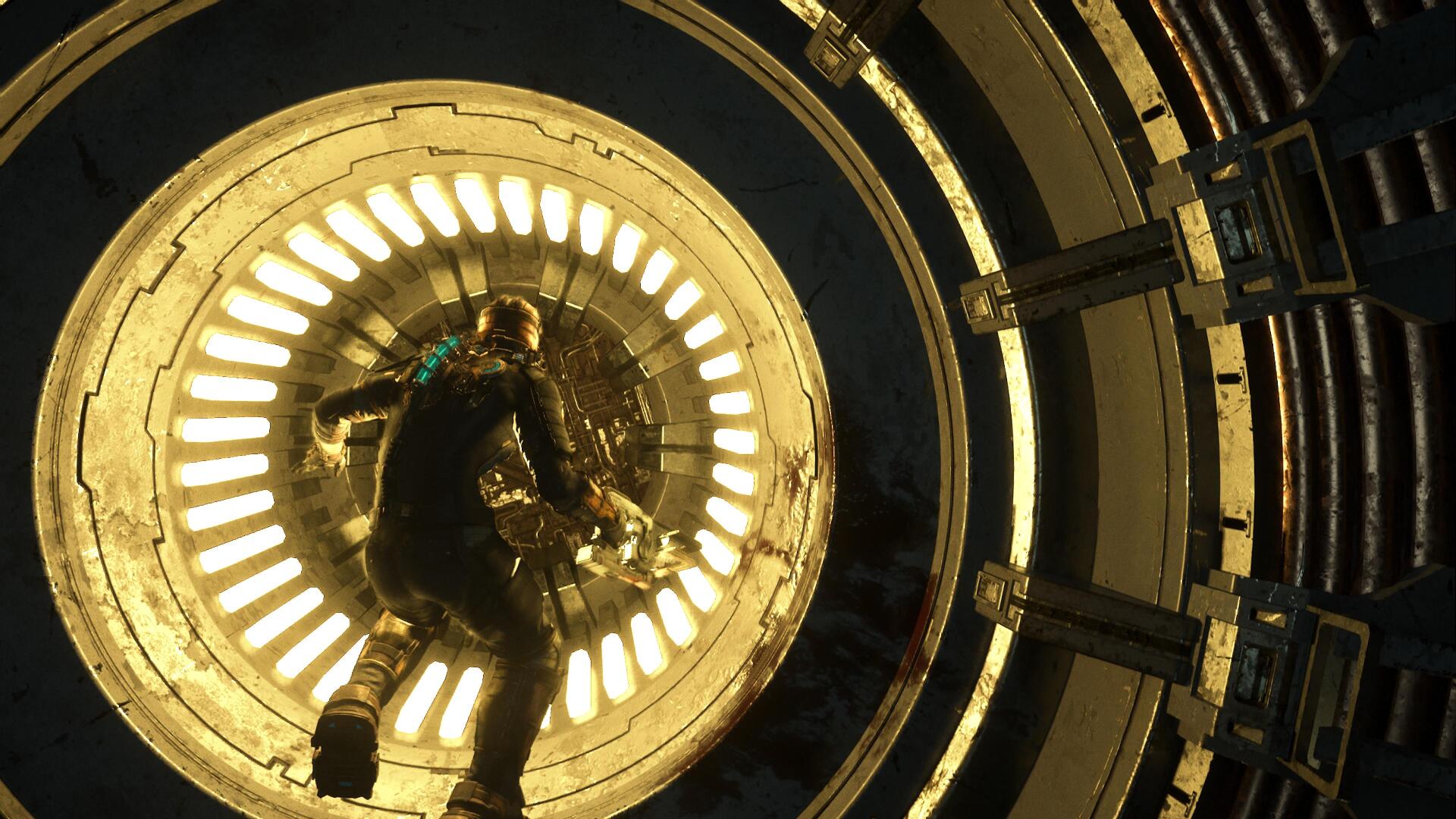 4K Ultra HD PC desktop wallpaper and background: armored engineer floats toward a glowing circular hatch in a dark, industrial shaft — Dead Space (2023) video game.