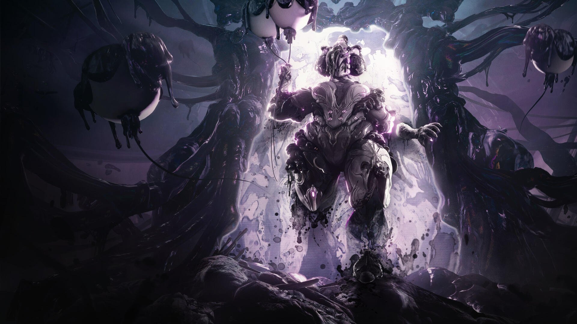4K Ultra HD PC desktop wallpaper of the video game Warframe: armored Warframe rising from a glowing rift, surrounded by dark organic tendrils and hovering orbs.