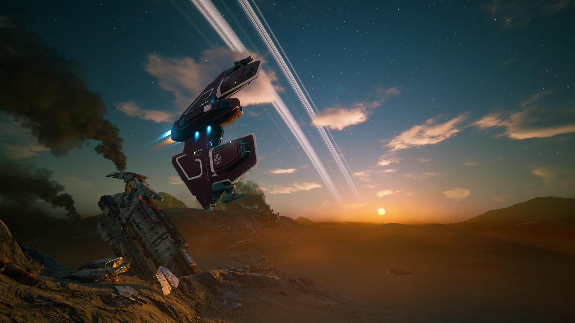4K Ultra HD PC desktop wallpaper from the video game Everspace 2: sleek spaceship hovering over a rocky alien landscape at sunset beneath a ringed planet and glowing clouds.