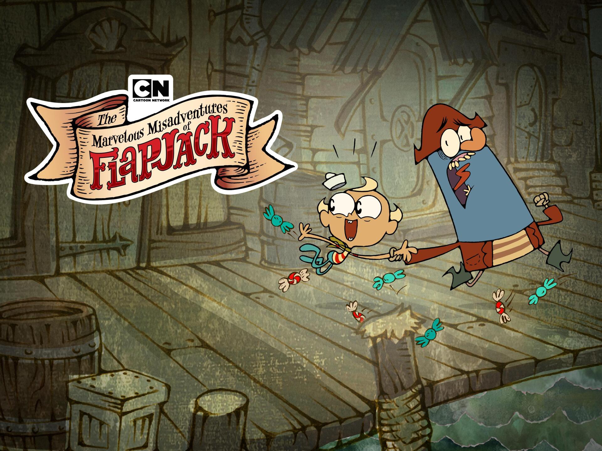Cartoon Network TV show The Marvelous Misadventures of Flapjack 4K Ultra HD PC wallpaper: Flapjack and Captain K'nuckles on a rickety dock with the series logo.