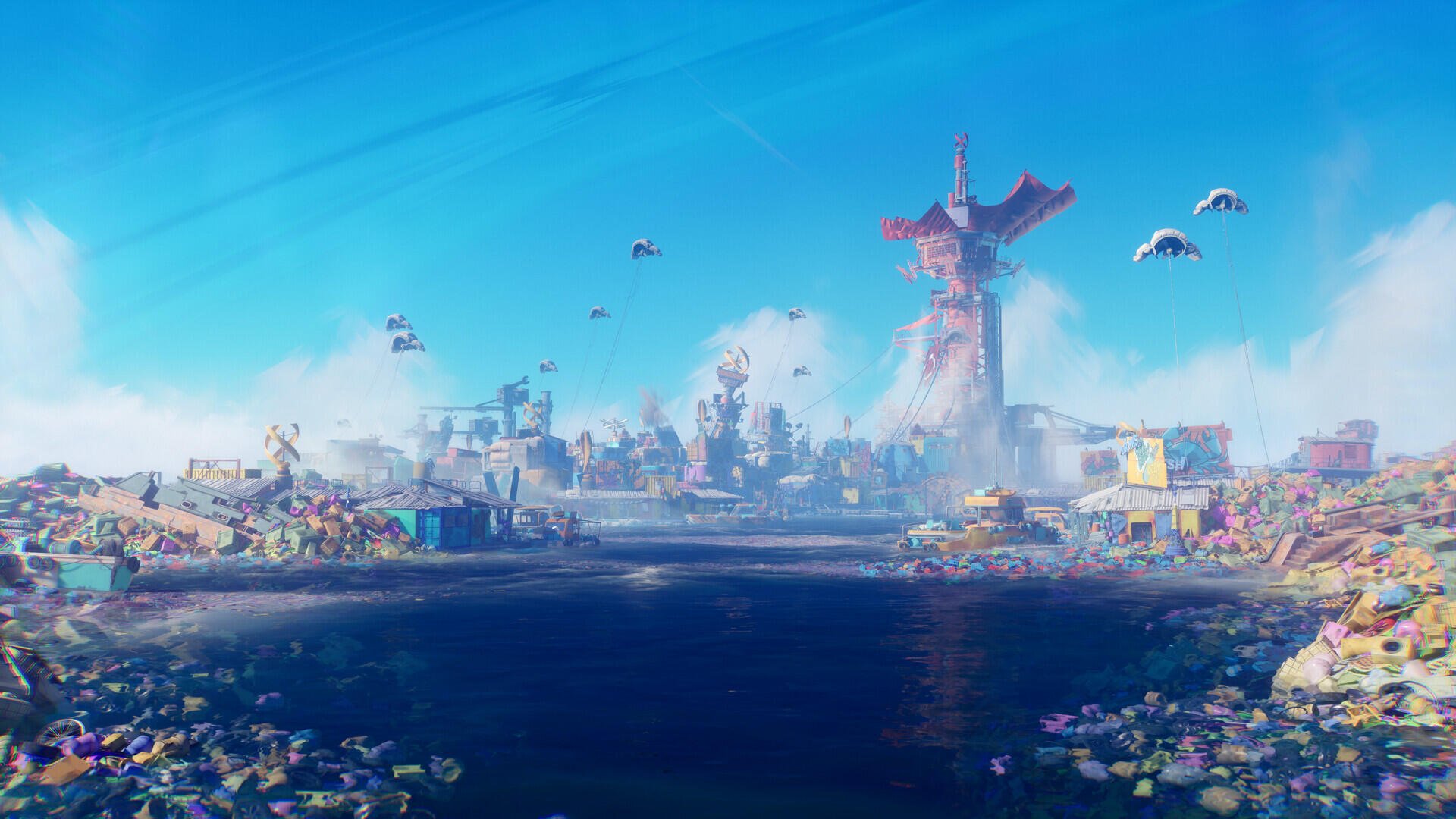 HD PC desktop wallpaper/background for the video game Tides of Tomorrow: coastal city at low tide with a dark water channel, debris, seagulls and a weathered tower under a bright blue sky.
