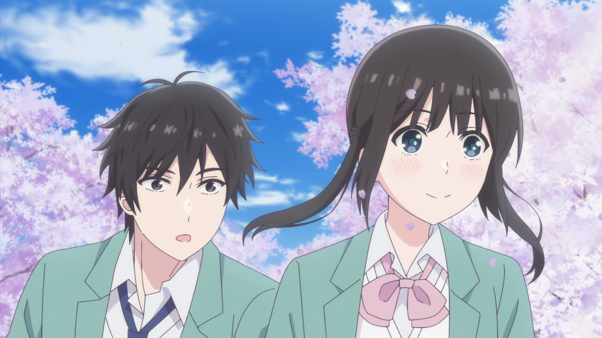 Anime HD desktop wallpaper from I Want to End this Love Game featuring Miku Sakura (I Want to End this Love Game) and Yukiya Asagi in school uniforms beneath cherry blossoms.