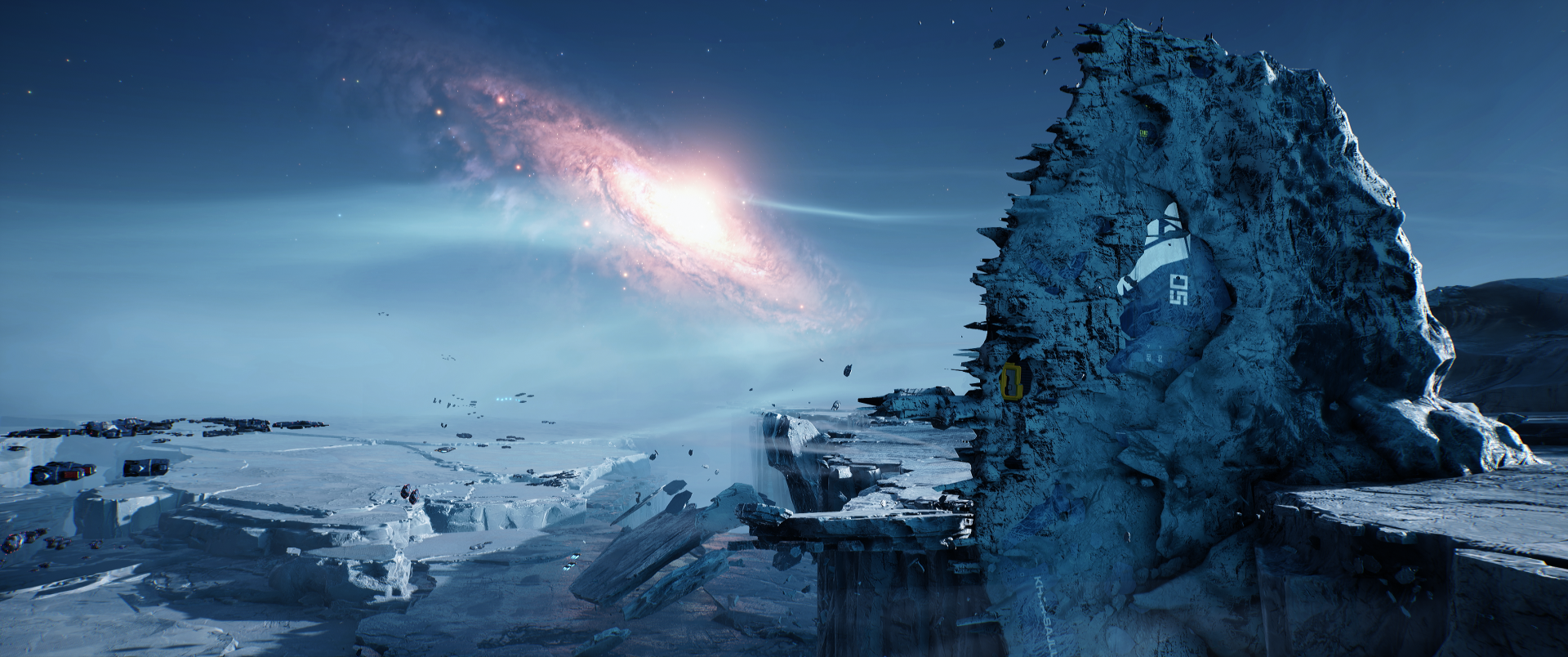 Homeworld video game 2K Quad HD PC desktop wallpaper: icy alien cliff with a carved structure and walkway overlooking a distant glowing nebula and scattered wreckage.