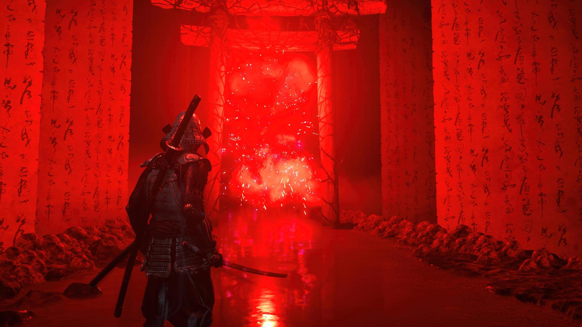 4K Ultra HD PC wallpaper from the video game Ghost of Yōtei: an armored samurai stands in shallow reflective water beneath crimson torii, facing a towering red spirit.