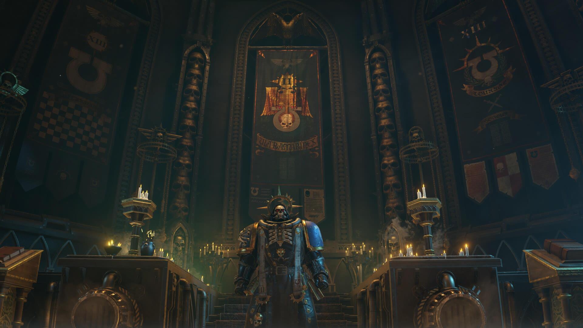 4K Ultra HD PC desktop wallpaper: Warhammer video game Space Marine in an ornate gothic cathedral hall, armored figure before a throne with candlelit banners.
