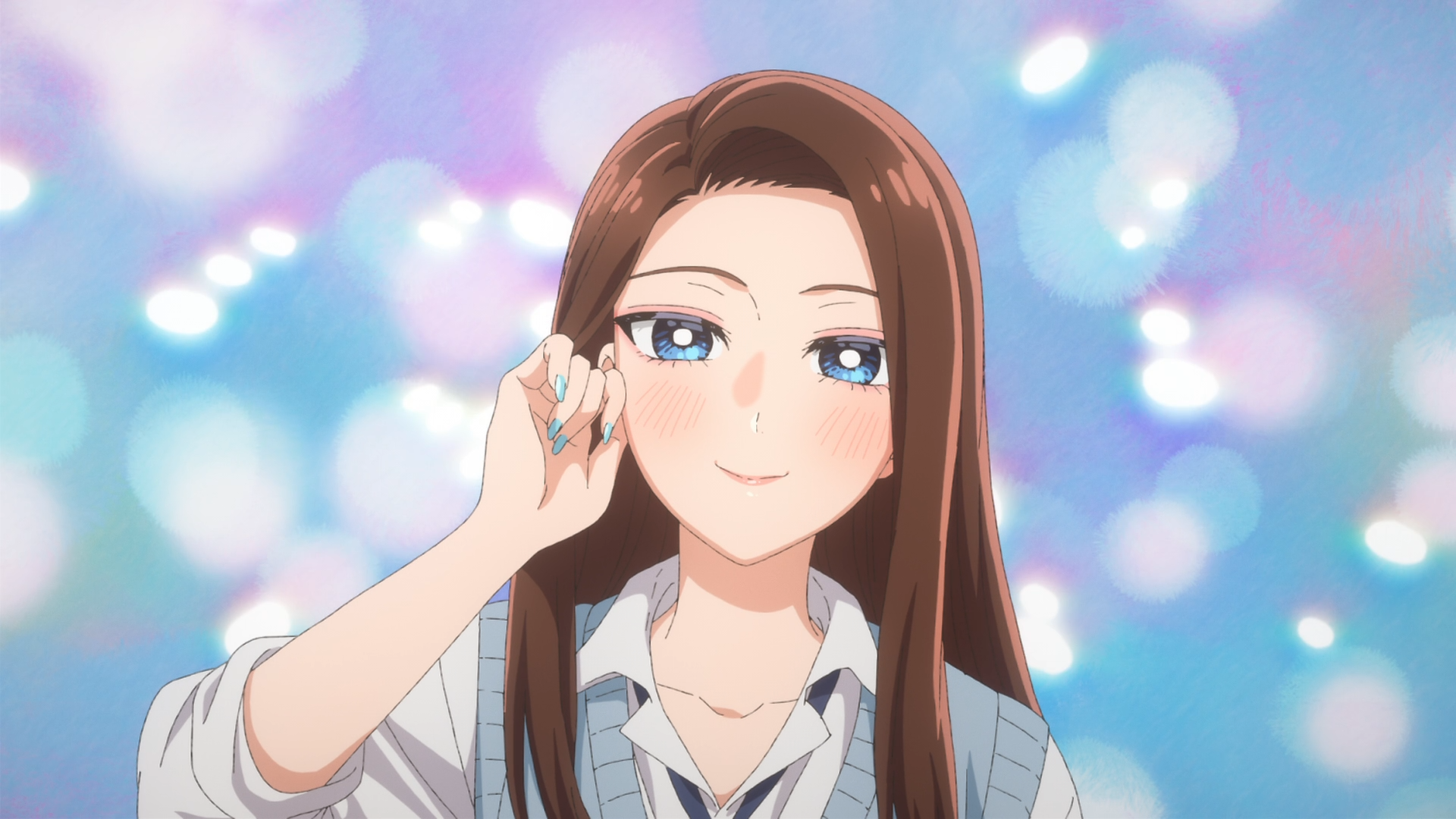 Kei Amane from the anime Gals Can't Be Kind to Otaku!? smiling and winking with her hand near her face against a pastel bokeh background — HD PC desktop wallpaper