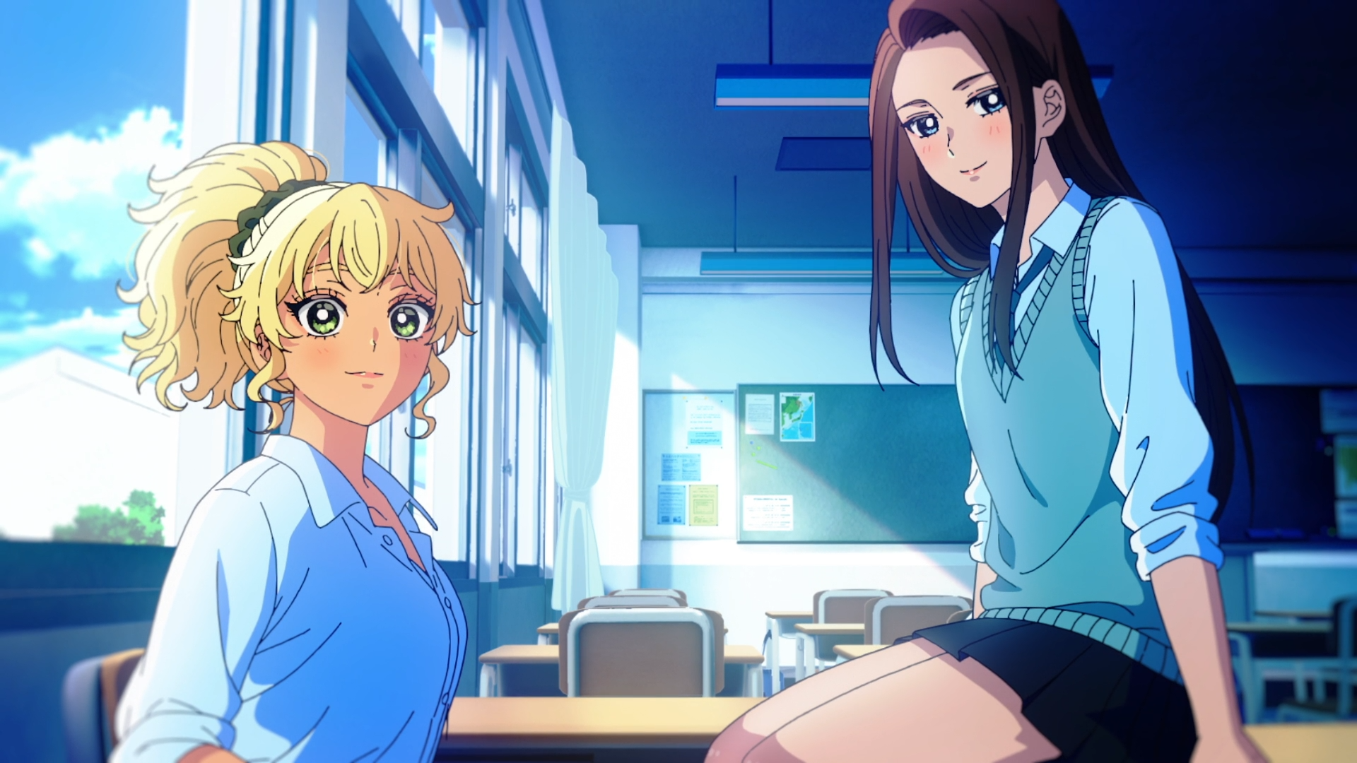 HD PC wallpaper of anime Gals Can't Be Kind to Otaku!? featuring Kotoko Ijichi and Kei Amane in a sunlit classroom; Kotoko perched on a desk and Kei standing beside her, warm blue tones.