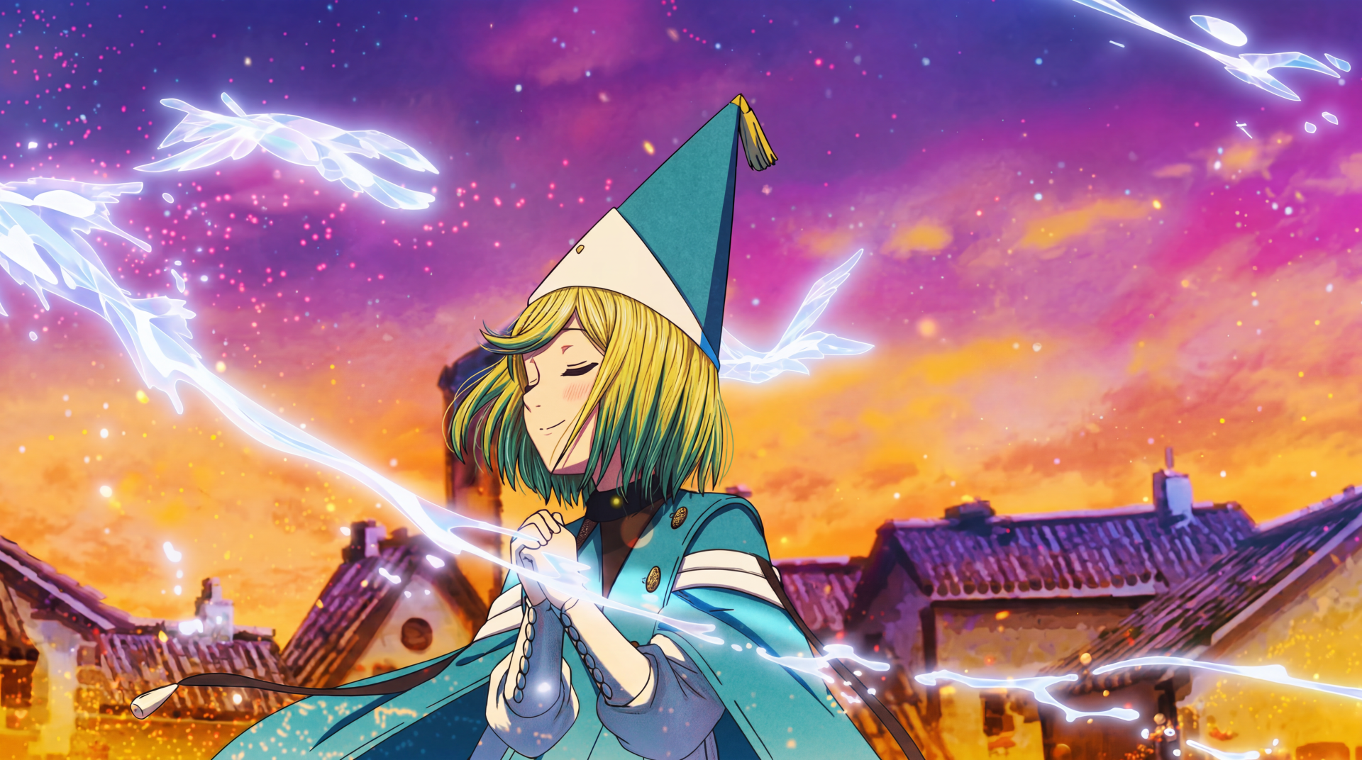 5K Ultra HD PC wallpaper of Coco from Witch Hat Atelier: an anime witch girl in teal cloak and pointed hat casting glowing magic above a twilight town, fantasy scene.