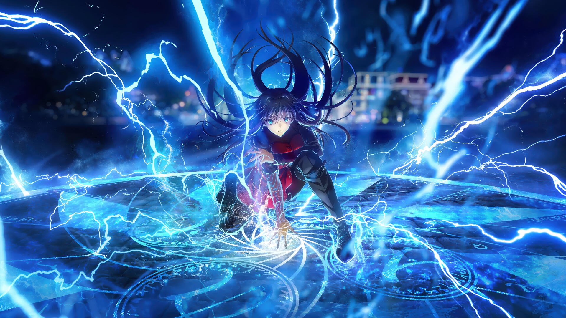 Witch On The Holy Night conjuring crackling blue lightning over glowing runes, intense 4K Ultra HD PC desktop wallpaper and background.