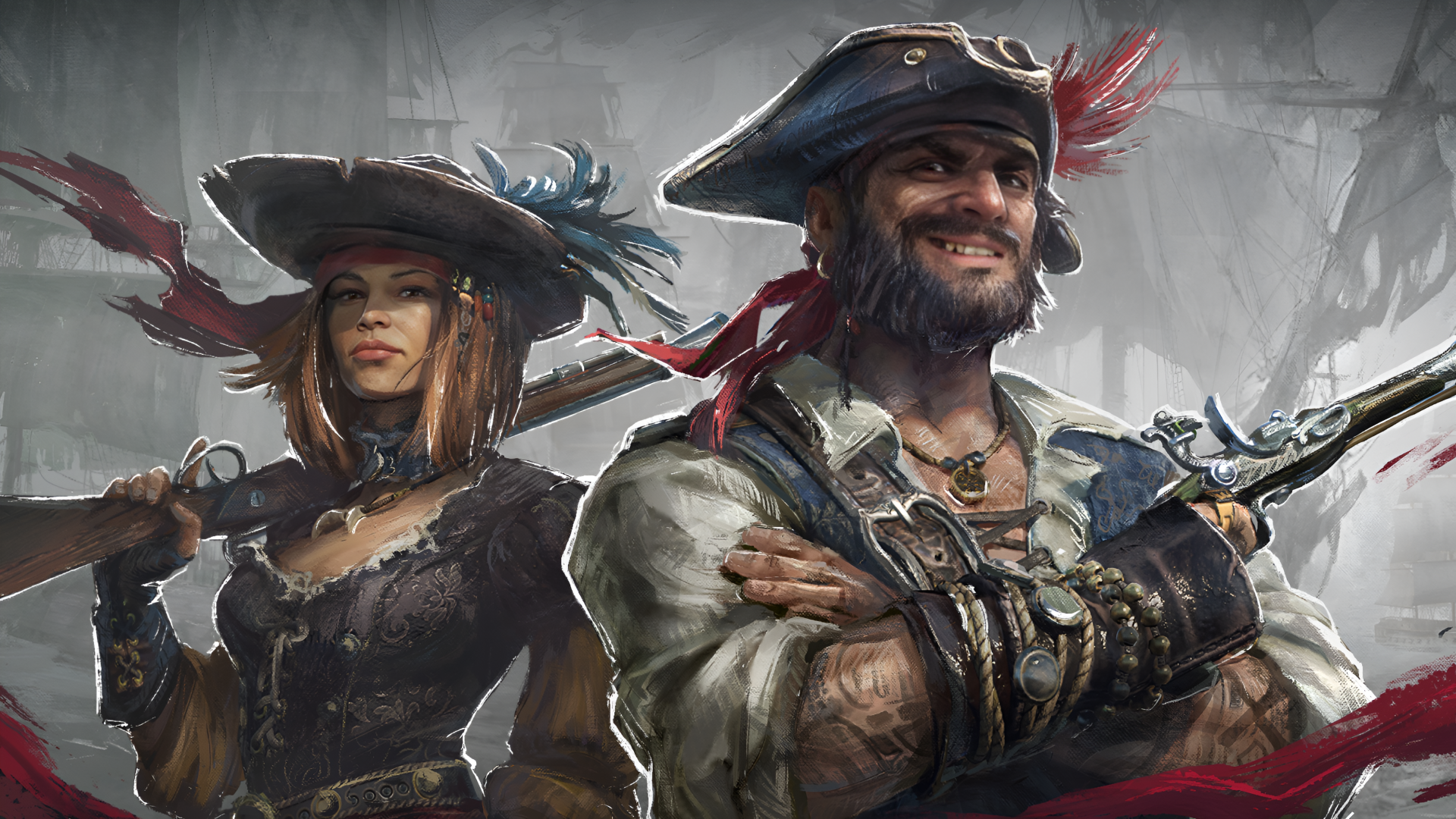 2K Quad HD PC wallpaper from the video game Windrose: two pirates—a grinning bearded captain and a feather‑hatted female corsair—pose with weapons against a stormy, nautical backdrop.