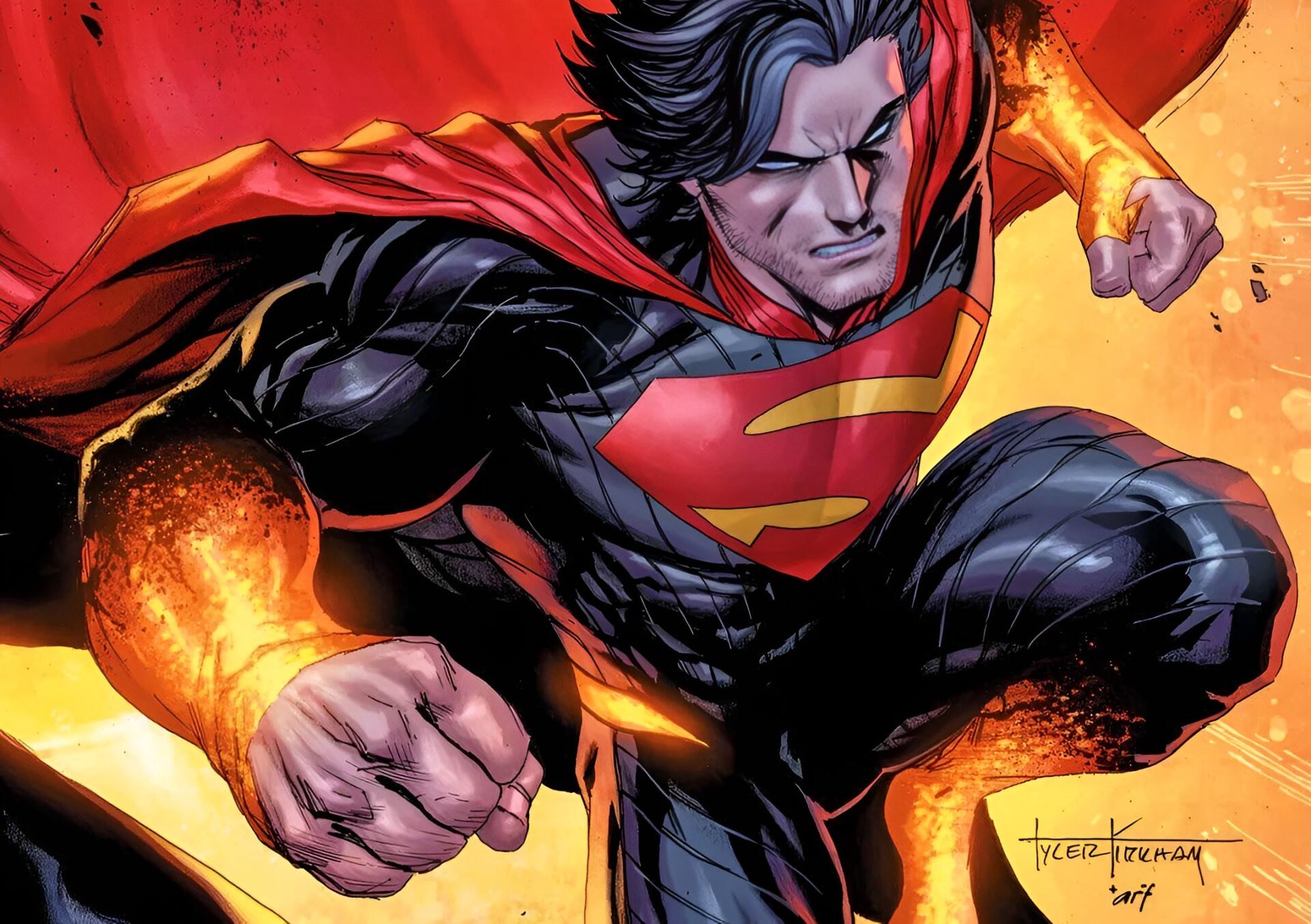 Comic-style Absolute Superman soaring forward with glowing fiery fists, red cape and S-shield — HD PC desktop wallpaper/background.