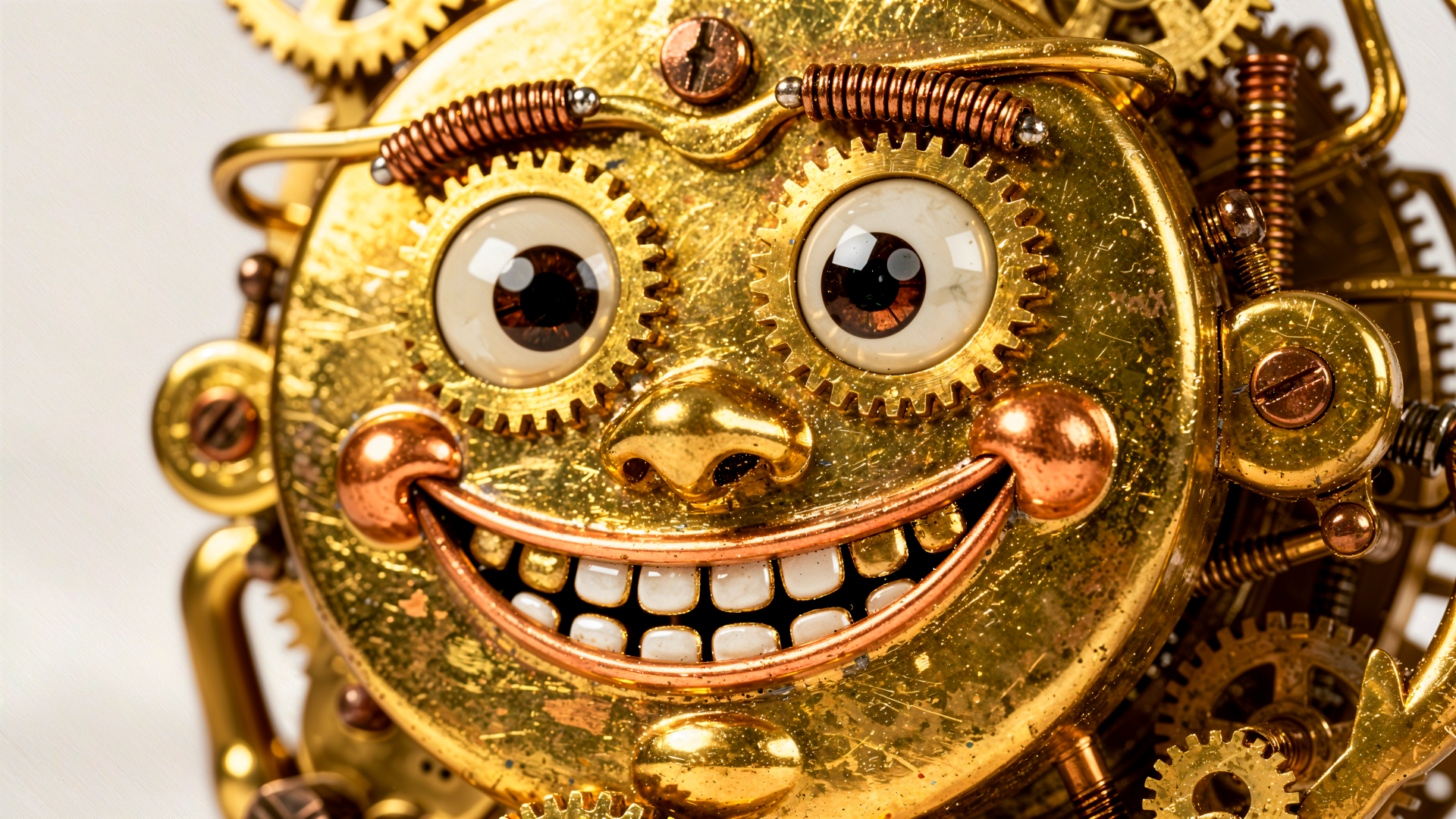 4K Ultra HD PC desktop wallpaper: close-up of a gleaming gold clockwork mechanism shaped into a smiling mechanical face with gears, springs and polished brass details.