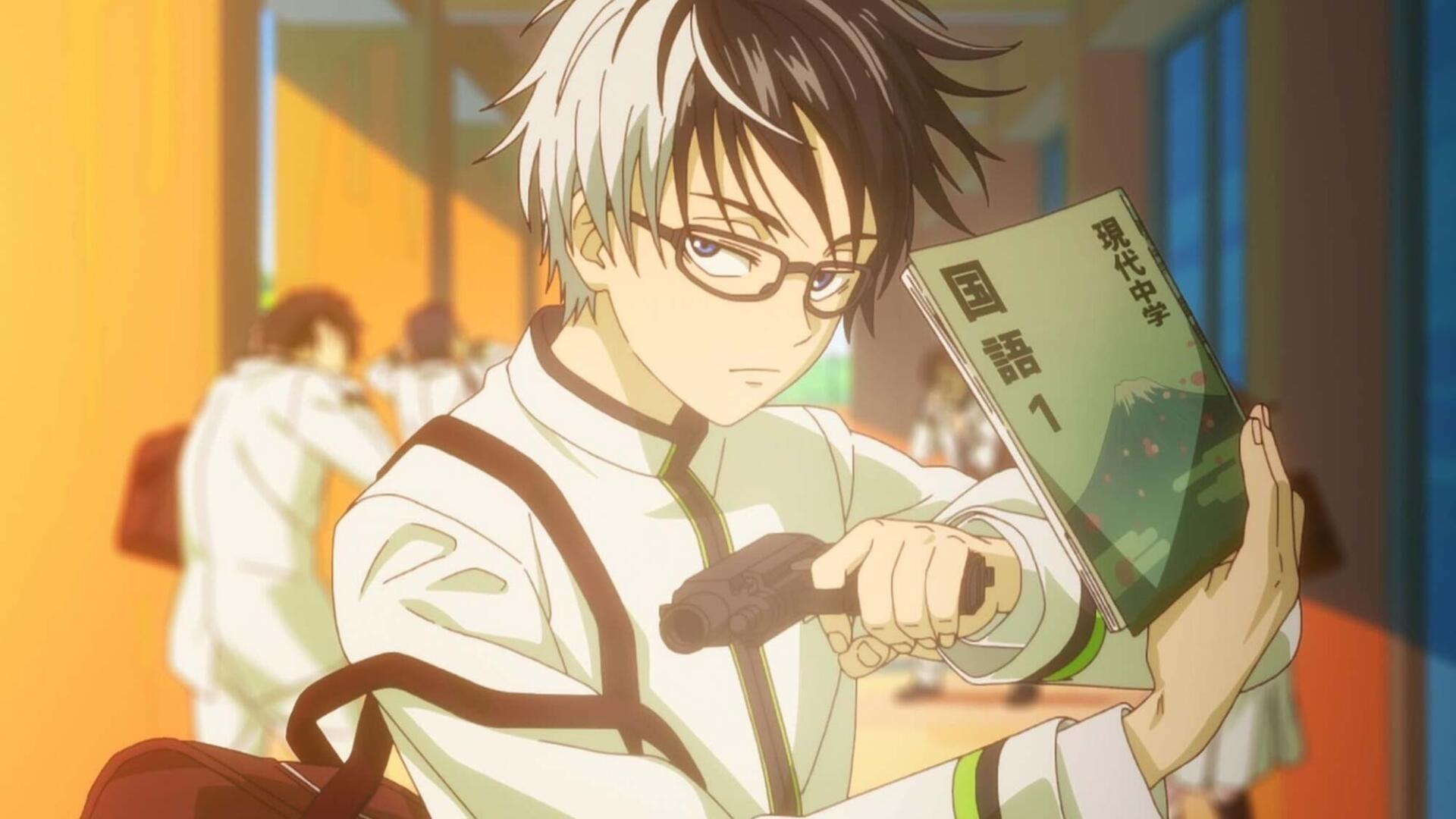 Anime HD PC desktop wallpaper of Juuzou Ougami (KILL BLUE): bespectacled, two-tone-haired student reading a book while adjusting his satchel in a sunlit classroom.