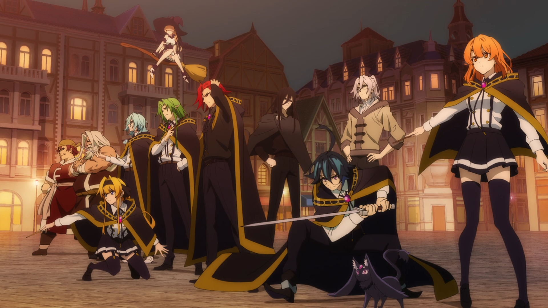 Anime HD PC desktop wallpaper/background from Wistoria: Wand and Sword — ensemble of cloaked students wielding wands and swords, a black cat, posing in a dusk-lit European-style city square.