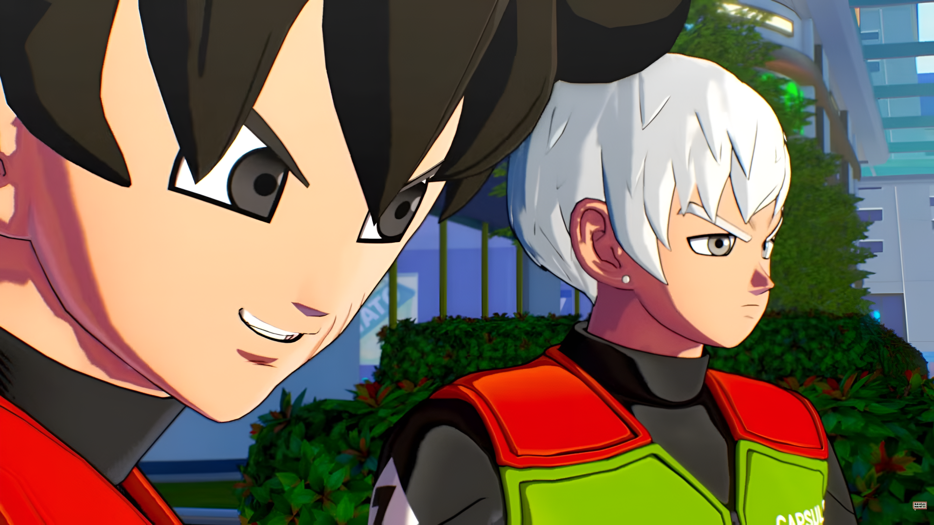2K Quad HD PC desktop wallpaper/background from the video game Dragon Ball Xenoverse 3: two anime-style fighters in green-red armor — a dark-haired smirking hero and a white-haired stoic ally near a city garden.