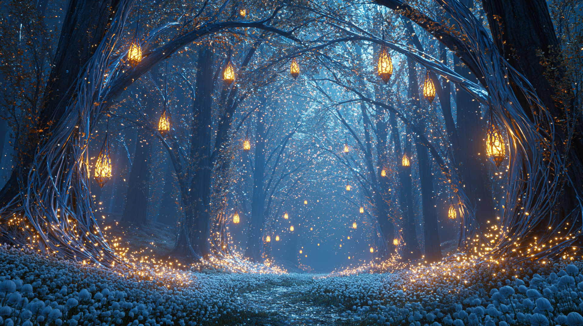 Enchanted fantasy forest and glowing flower field under lantern-lit trees, magical sparkles along a moonlit path — 2K Quad HD PC desktop wallpaper background.
