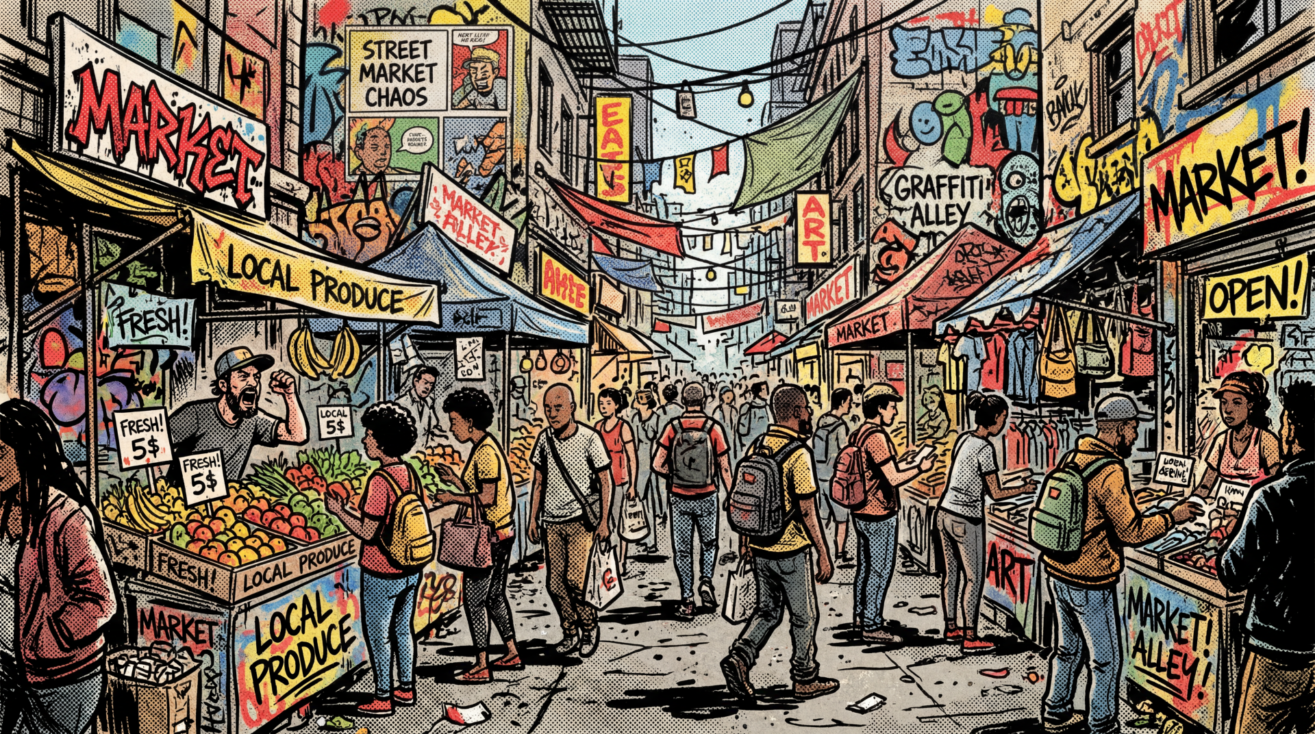 Illustrated bustling street market with colorful stalls, signs and shoppers framed by graffiti alleys — 5K Ultra HD PC desktop wallpaper and background.