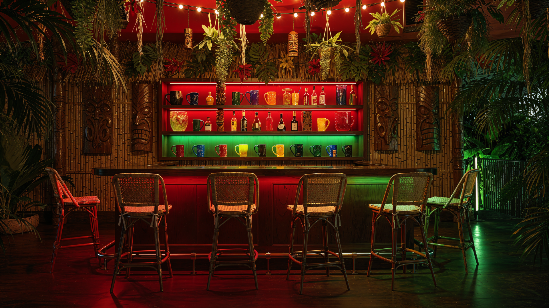 Tiki bar interior with rattan stools, colorful backlit bottles, hanging plants and string lights — 4K Ultra HD PC desktop wallpaper and background.