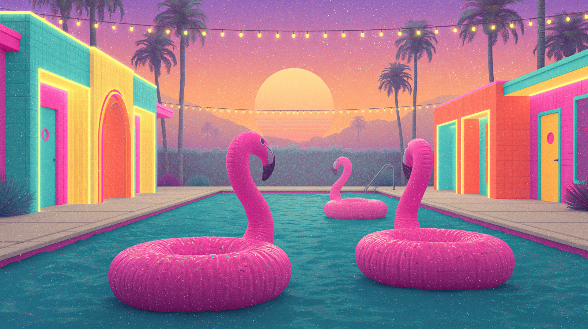 Vibrant, colorful synthwave/vaporwave 2K Quad HD PC wallpaper: neon pool with three pink inflatable flamingos, pastel buildings, palm trees and string lights beneath a glowing sunset.